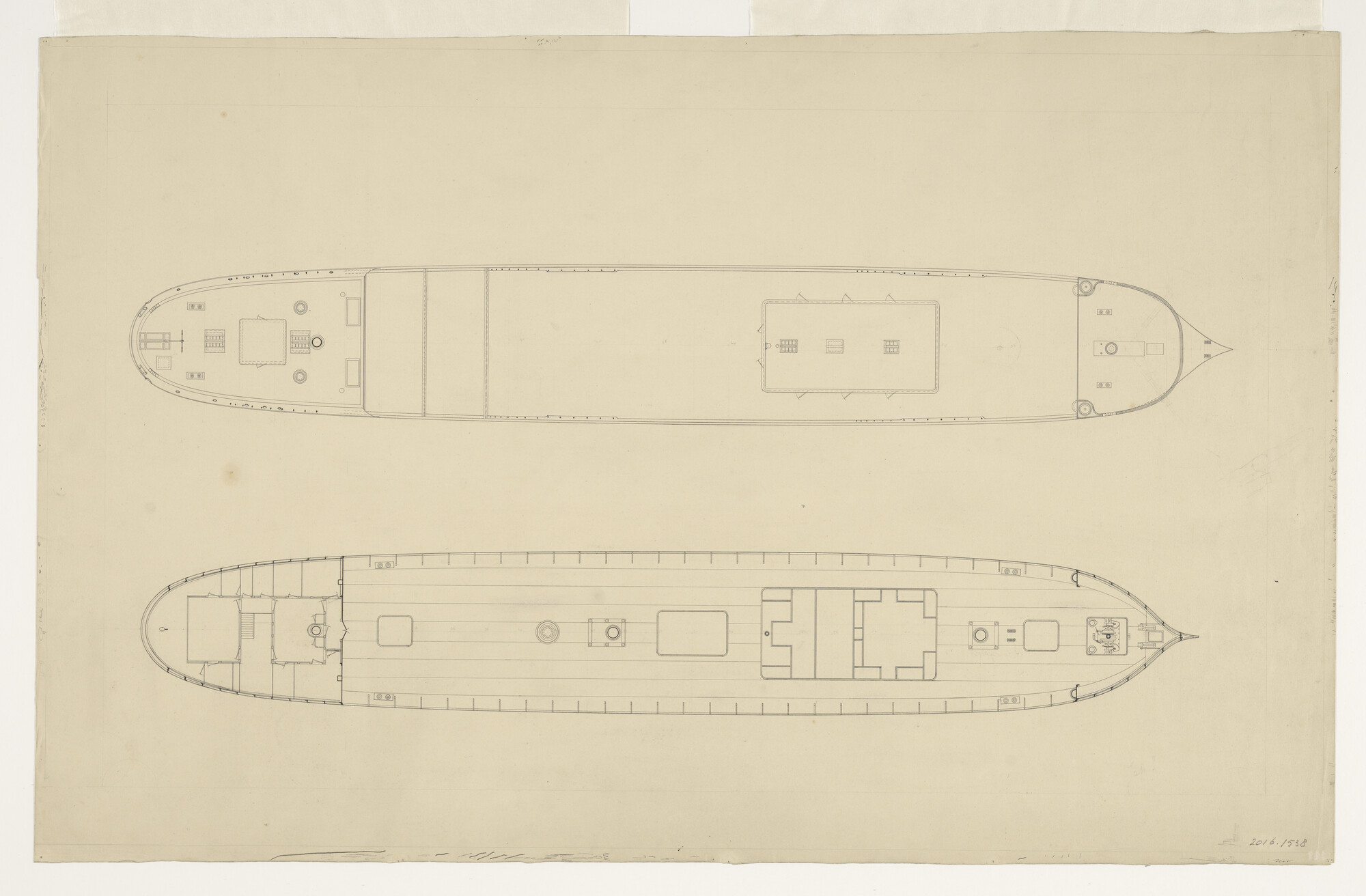 2016.1538; Bovenaanzicht en indeling hoofddek van het barkschip Columbus van 65.60 meter; technische tekening