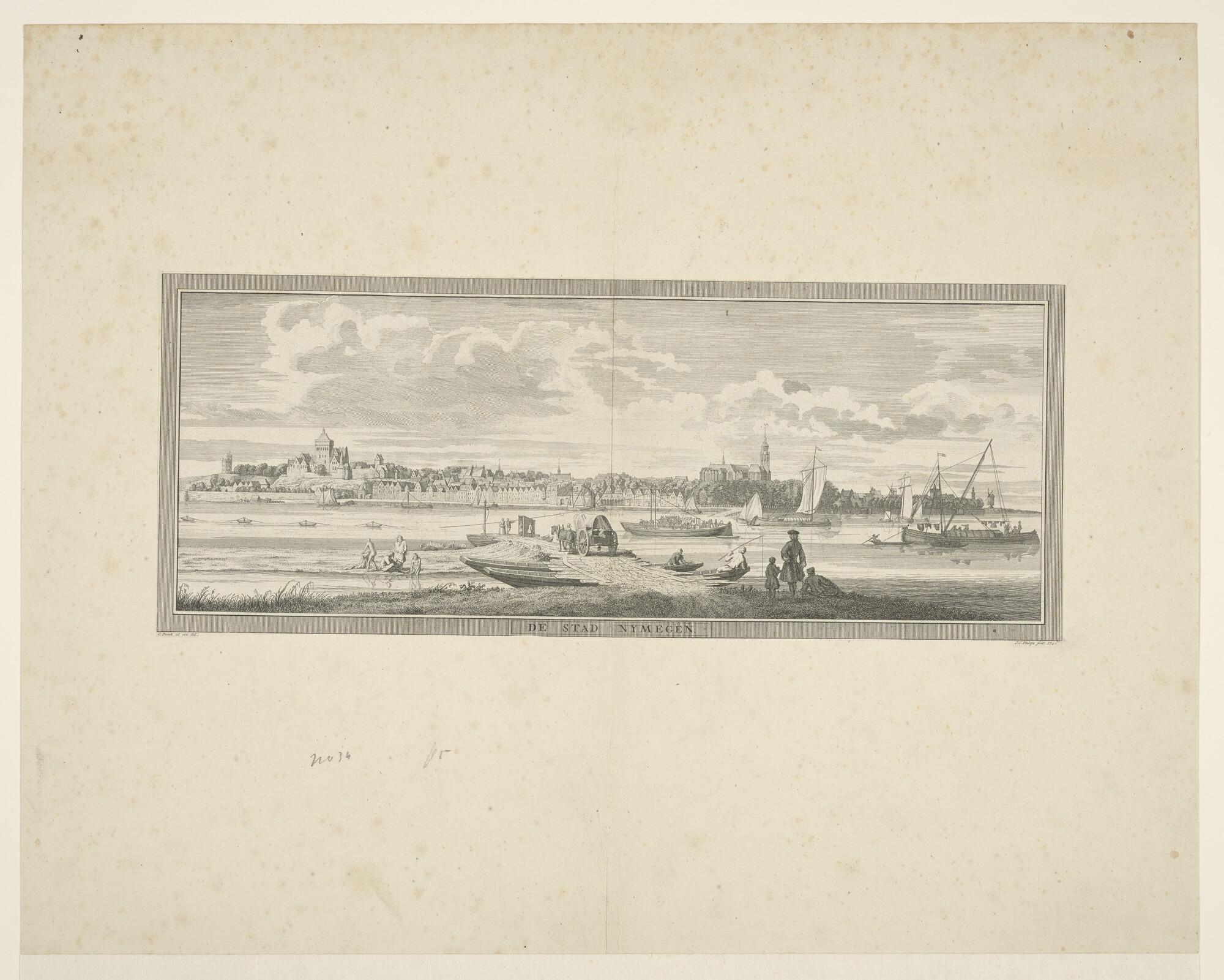 A.1656(18); Gezicht op de Waal voor Nijmegen, met de gierbrug of gierpont; prent