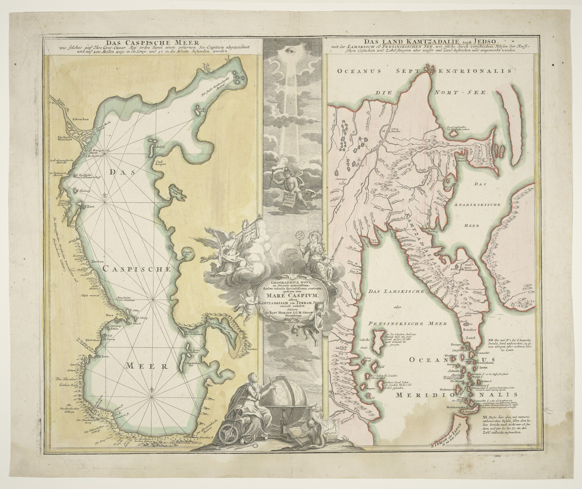 A.0145(211)117; Met de hand gekleurde kaart van de Caspische Zee en het schiereiland Kamchatka; landkaart