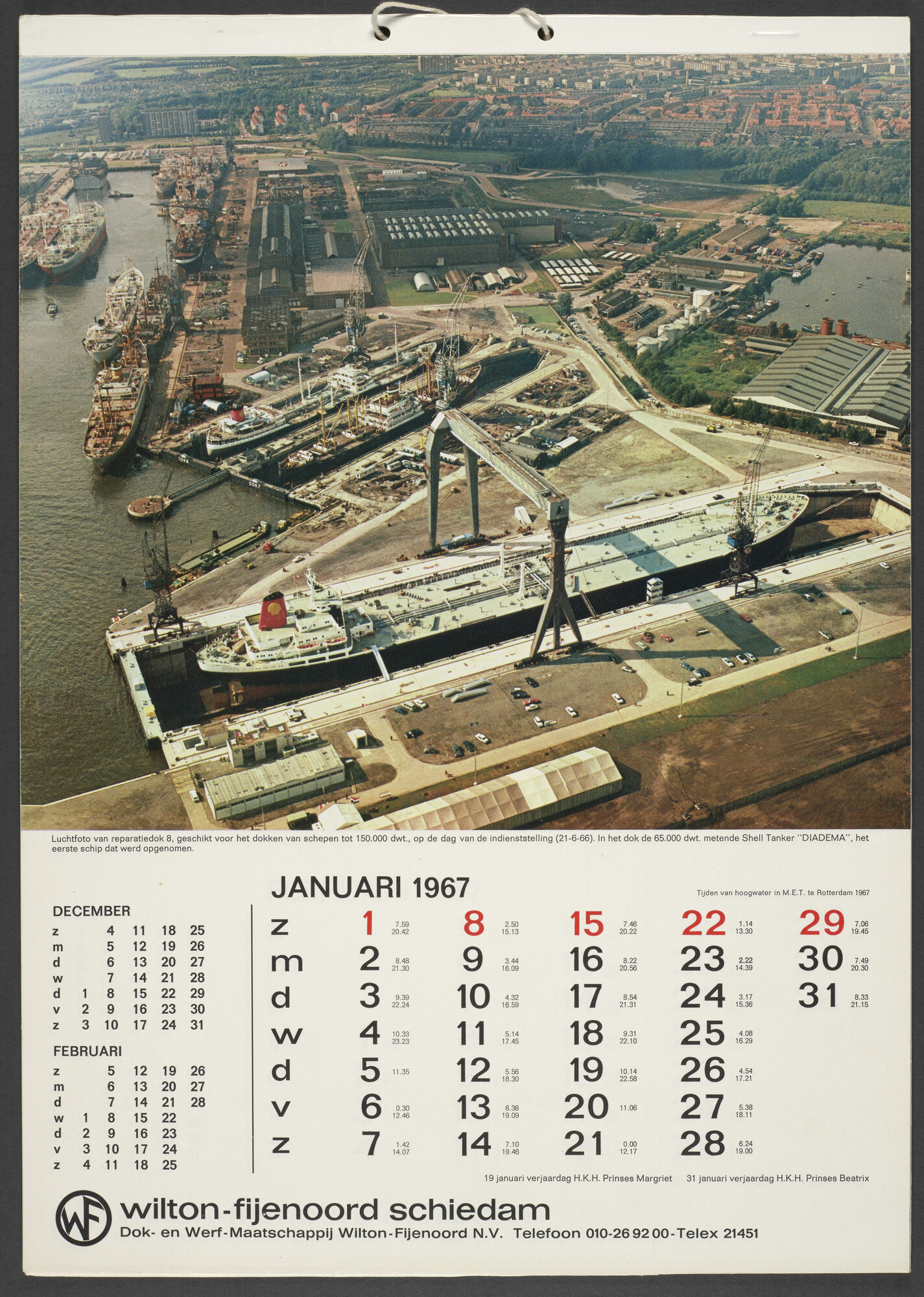 1993.0231; Kalender van de werf Dok en Werf Maatschappij Wilton-Feijenoord te Schiedam voor het jaar 1967; kalender