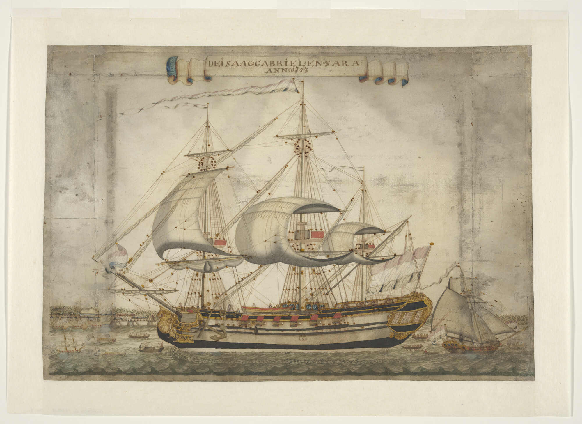 A.0657; Het koopvaardijschip 'Isaac Gabriel en Sara' op de rede van Paramaribo, 1753; tekening