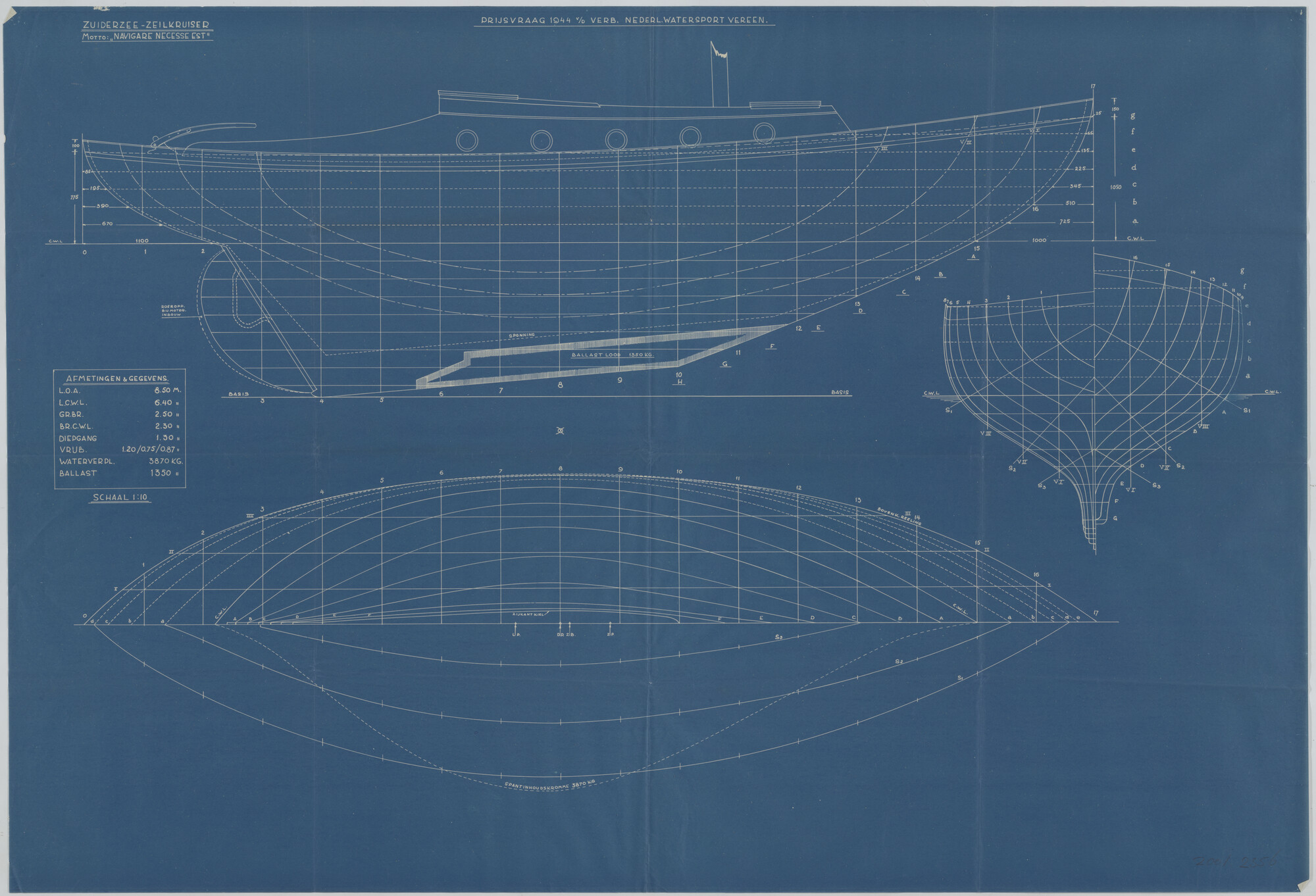 2001.2356; Constructietekening van een Zuiderzee-zeilkruiser; technische tekening