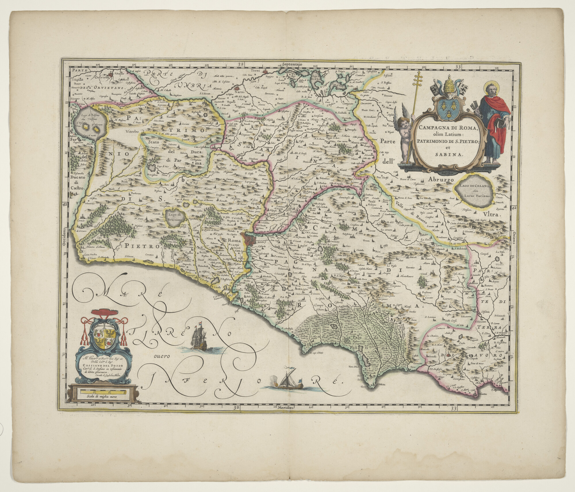 B.0216(0266); Met de hand gekleurde kaart van het gedeelte van Italië rond Rome, door Cornelis (ca 1610-1642) en Willem Jansz. Blaeu (1571-1638), Amsterdam, circa 1635; landkaart