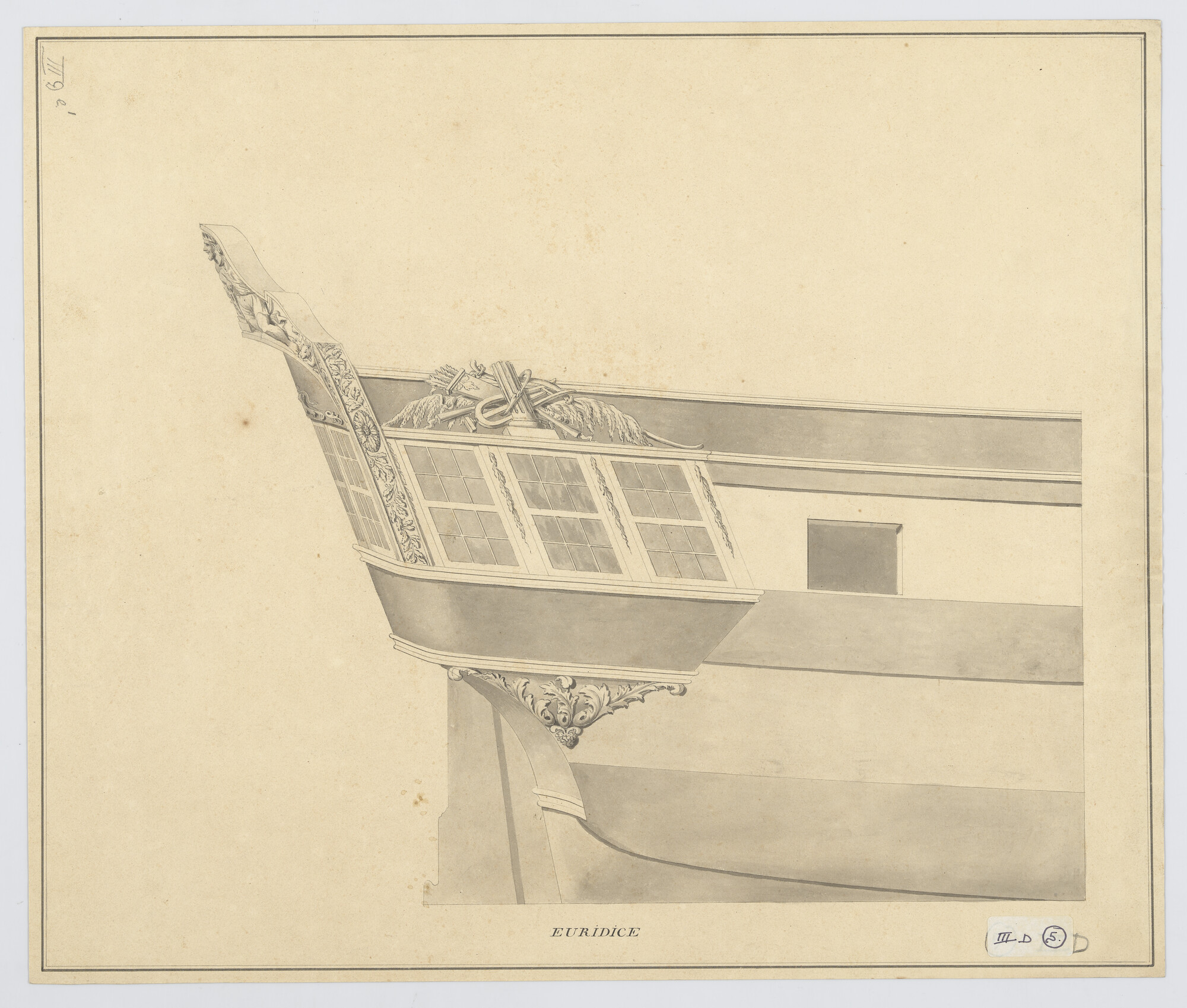 S.0600(01)084; Zijgalerij van het fregat 'Euridice'; technische tekening