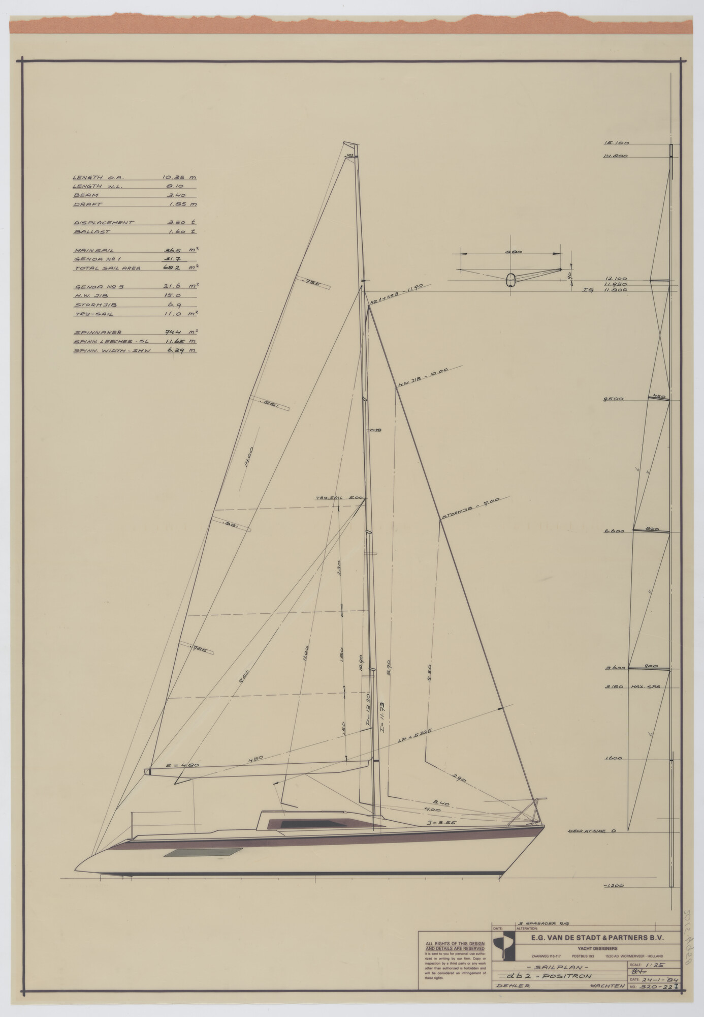 2015.4958; Zeilplan van het DB 2 kajuitzeiljacht Positron; technische tekening