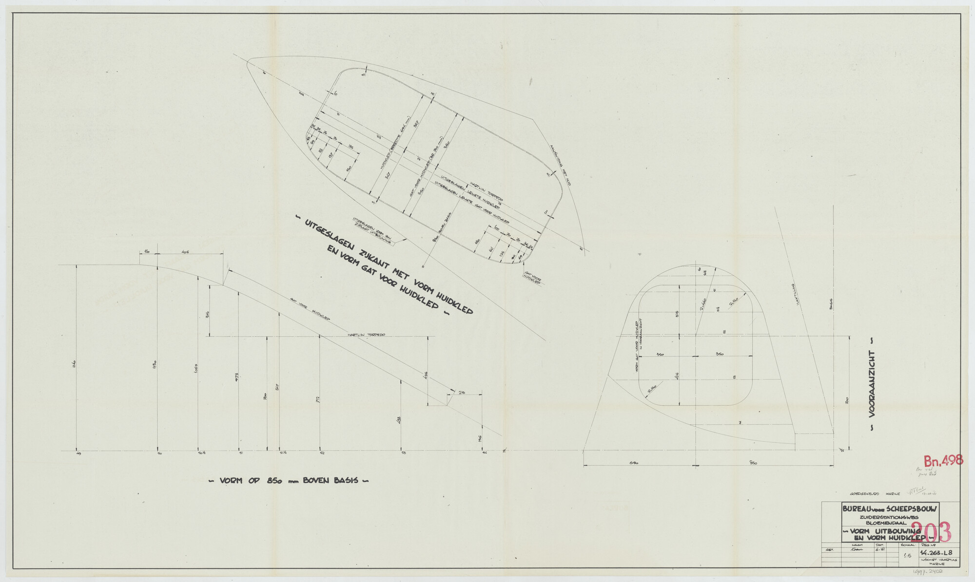 1997.2402; Vorm uitbouw en vorm huidklep van het torpedo-inschietvaartuig Hr.Ms. Van [...]; technische tekening