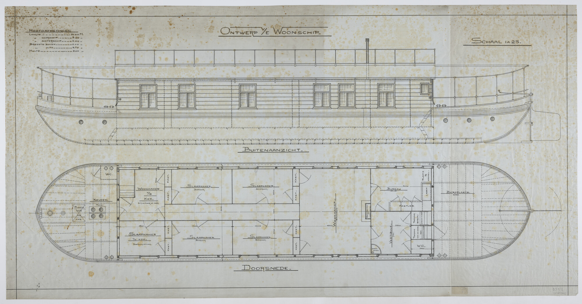 S.5181(003); Algemeen plan van een woonschip, gebouwd op een dekschuit; technische tekening