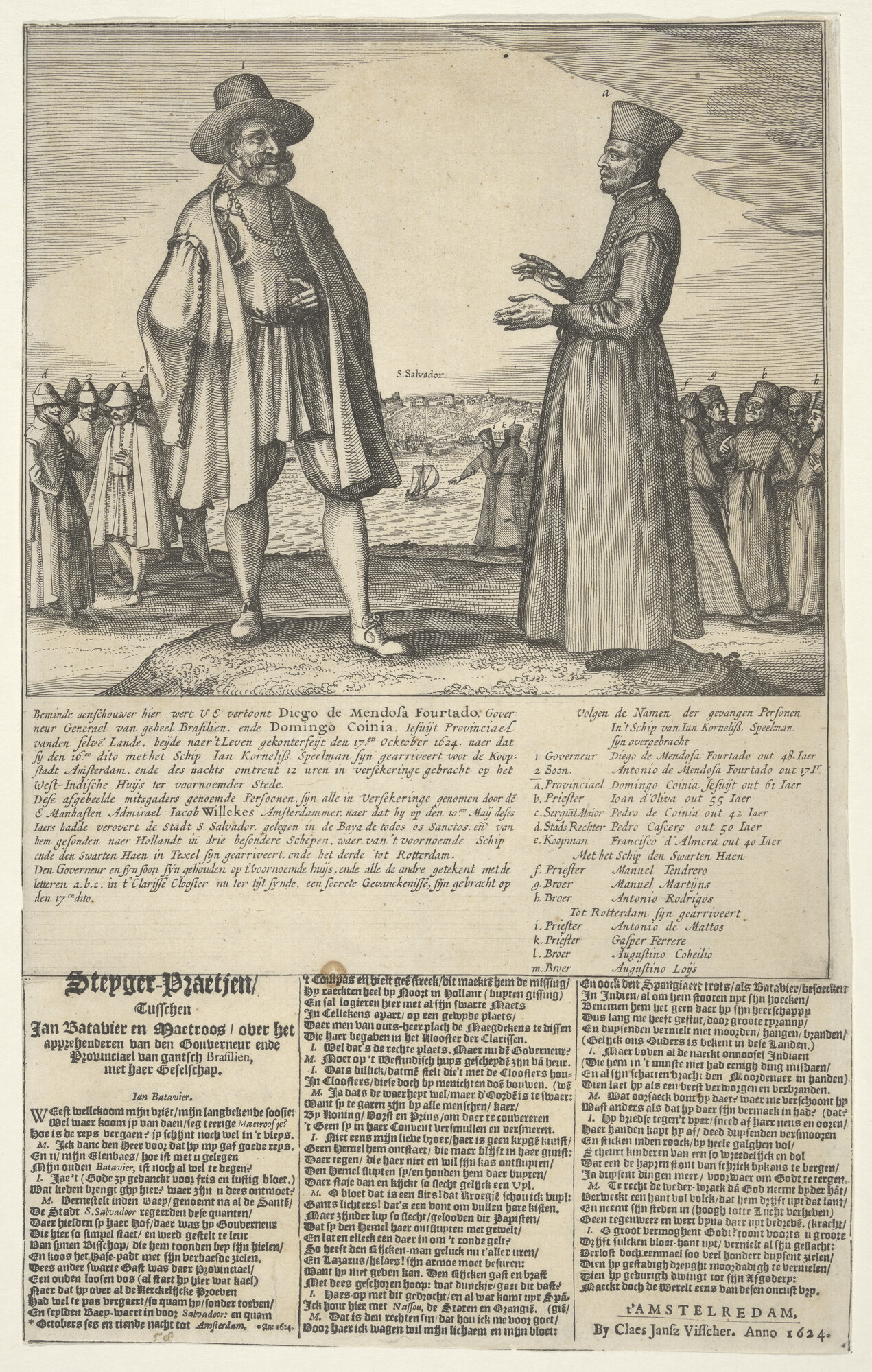 A.0145(250)2; Afbeelding van veertien door Admiraal Jacob Willekes in Brazilië gevangen genomen personen; prent