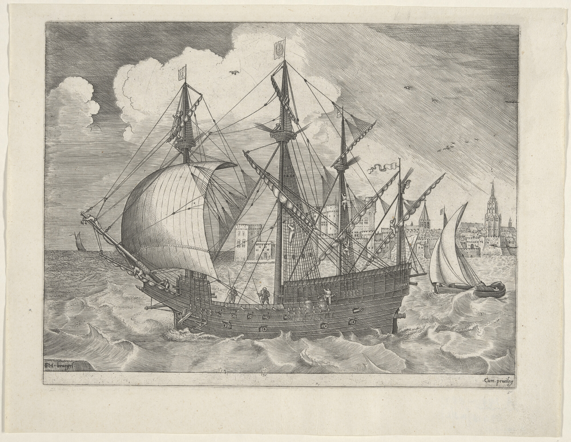 A.0149(0192); Een viermaster die naar rechts zeilt; prent
