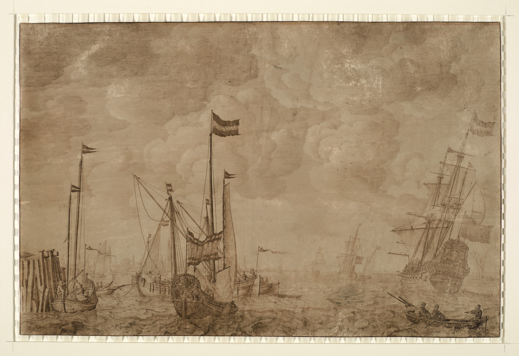 A.0085(02); Gezicht op de rede van Amsterdam met verscheidene schepen; tekening
