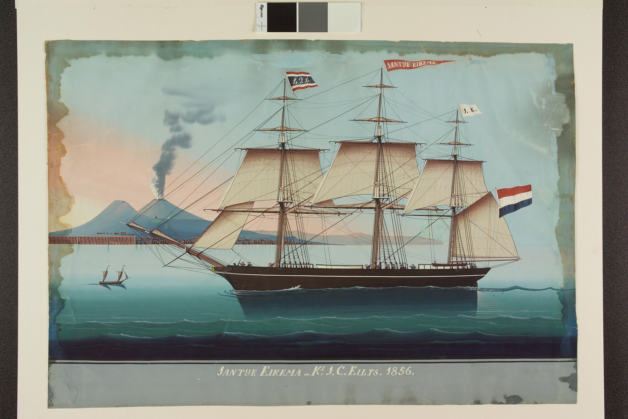 A.2912(02); Het fregatschip Jantje Eikema met op de achtergrond de Vesuvius; tekening