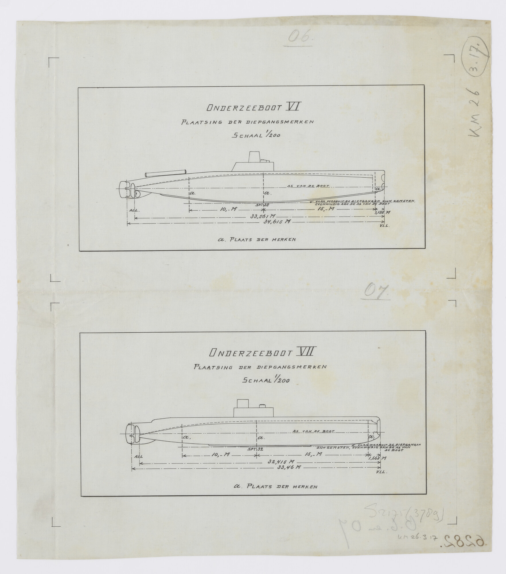 S.2175(3789); Plaatsing diepgangsmerken aan boord  van de onderzeeboten Hr.Ms. 'O 6' en Hr.Ms. 'O 7'.; technische tekening