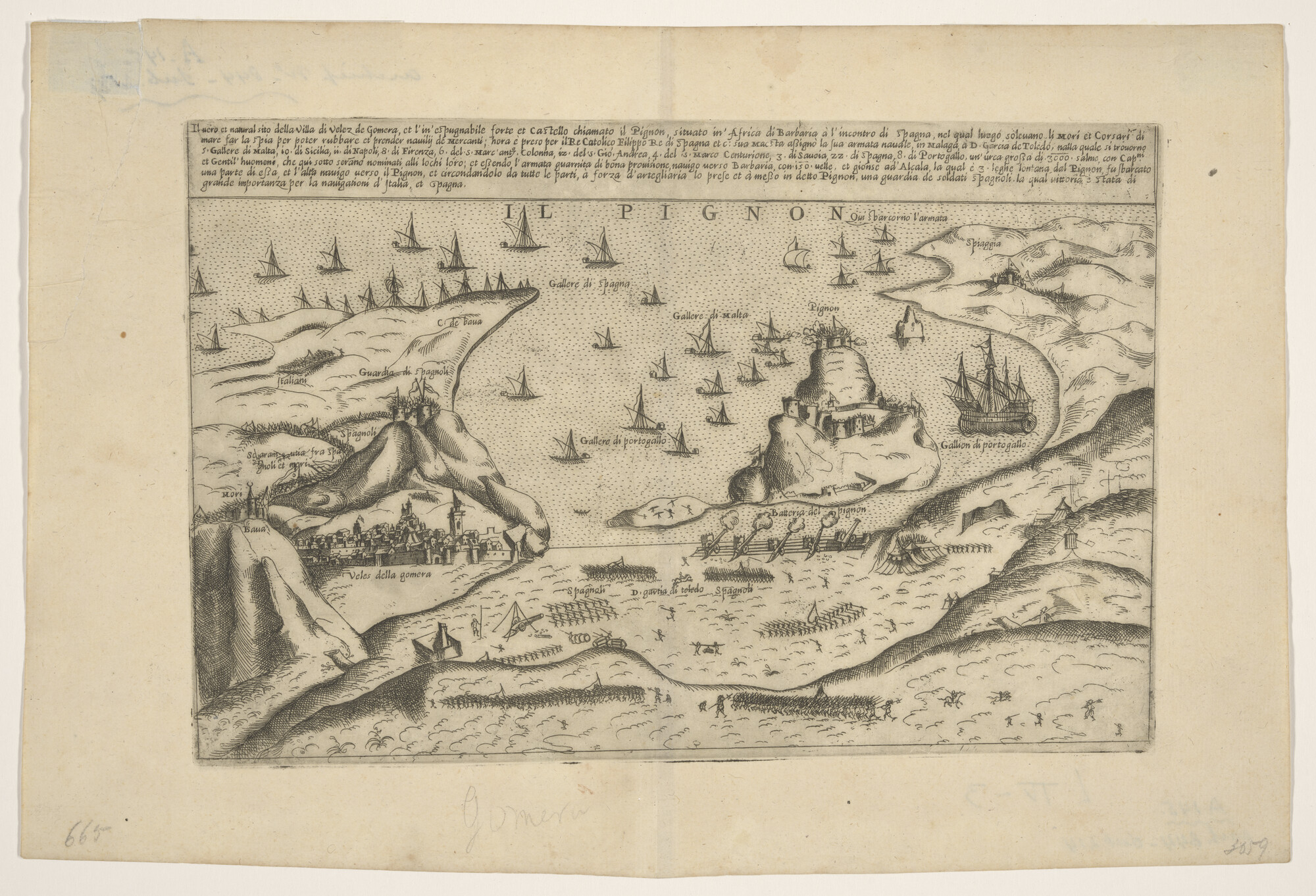 A.0145(214)03; Kaart van een beleg van de stad Gomera door Spaanse en Portugese galeien uit circa 1550; landkaart