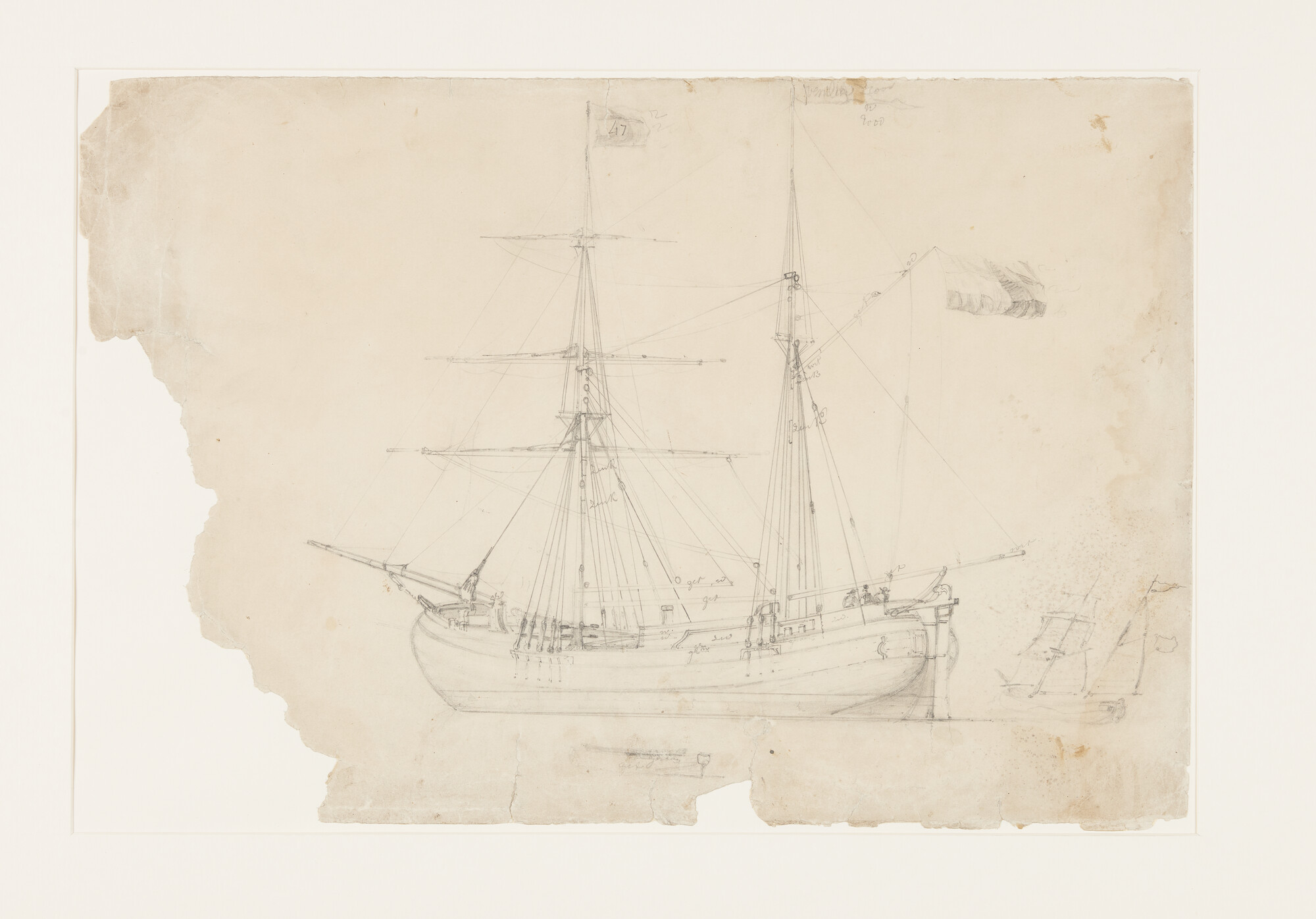 S.3107(07)032; Een kofschip, verso het Engelse brikschip Highlander; tekening