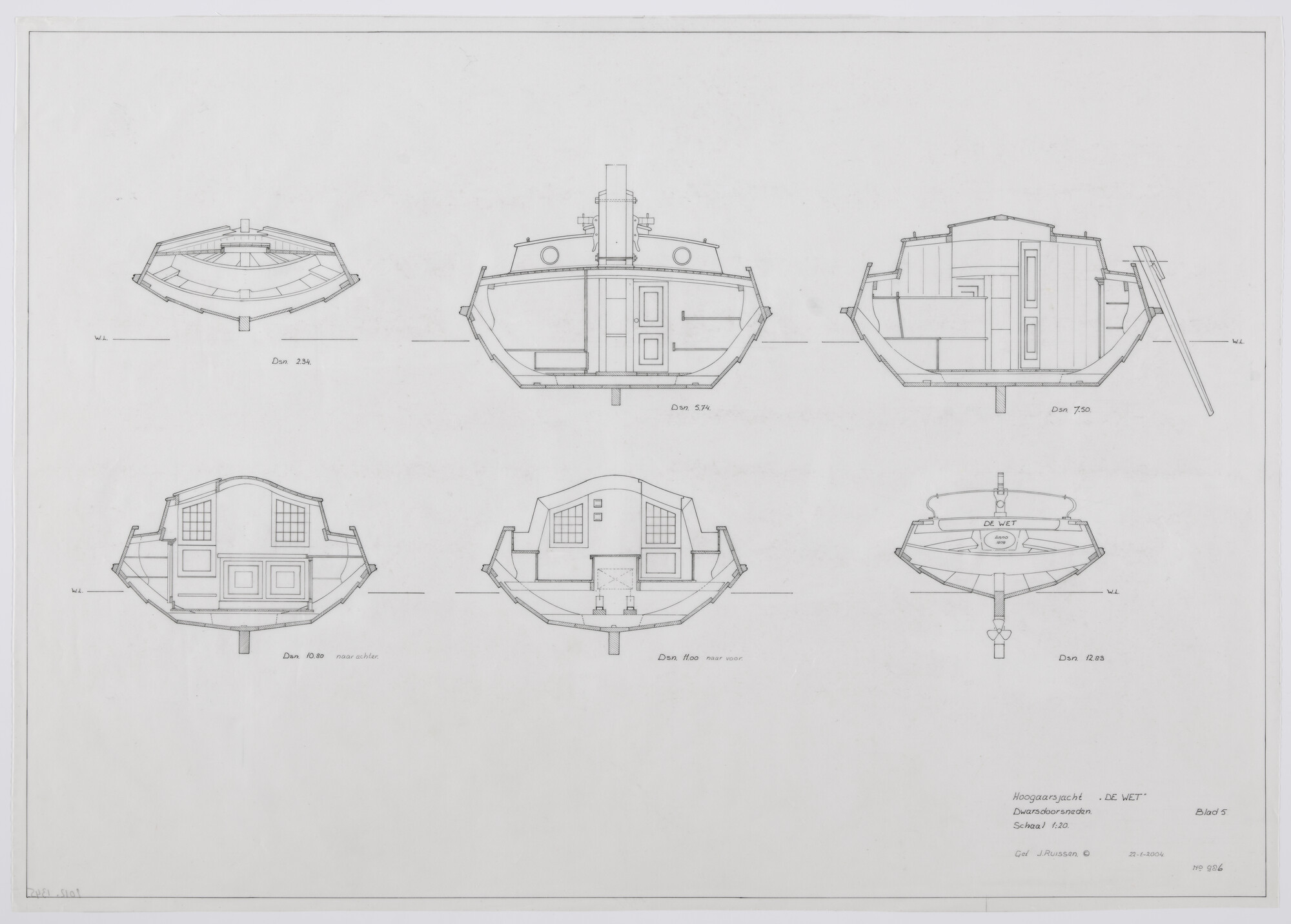 2012.1345; Constructieplan van het hoogaarsjacht 'De Wet' van 14.05 meter; technische tekening