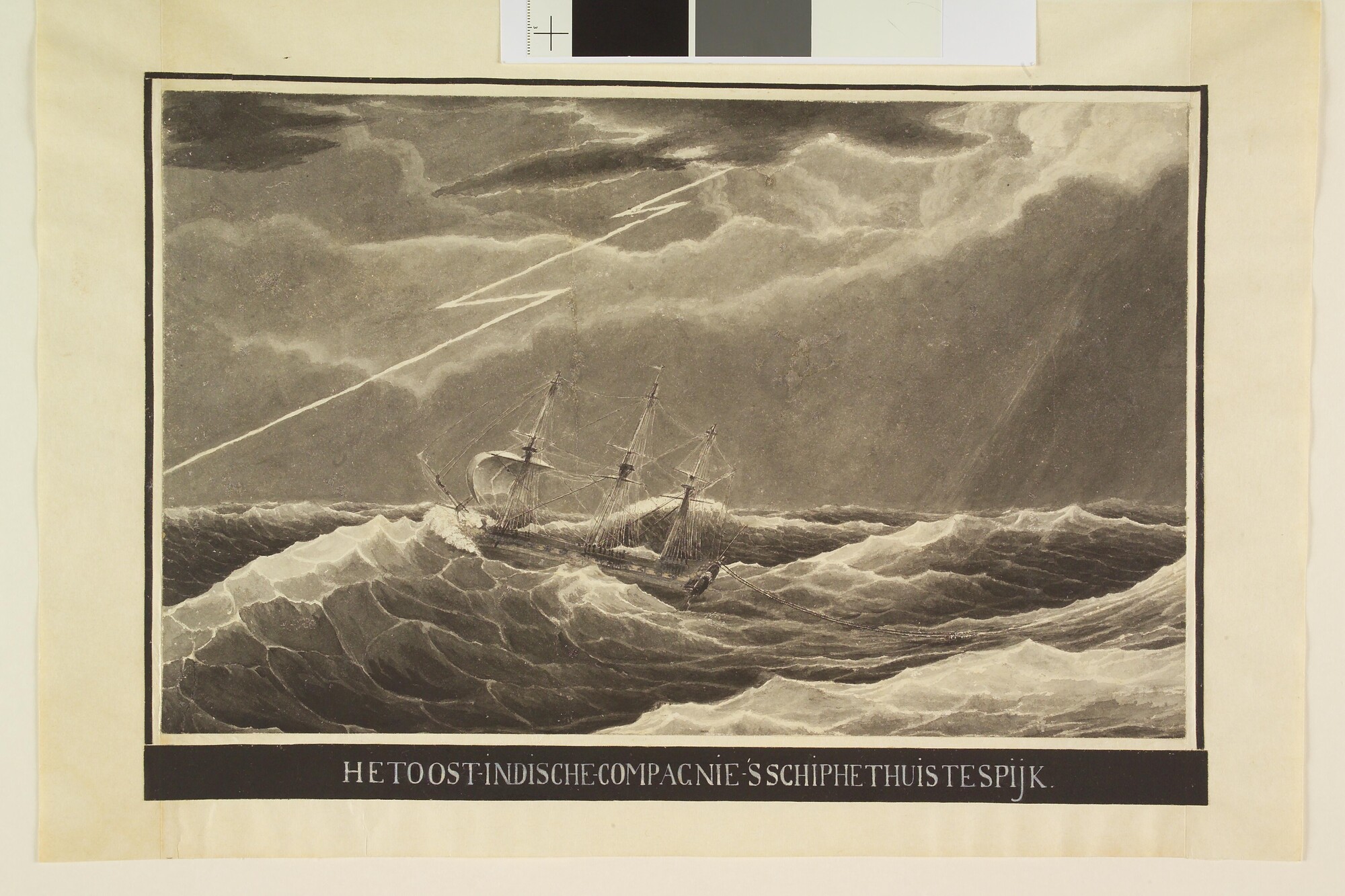 A.1367(05)23; Het retourschip 'Huis Te Spijk' lenzend voor de wind; tekening