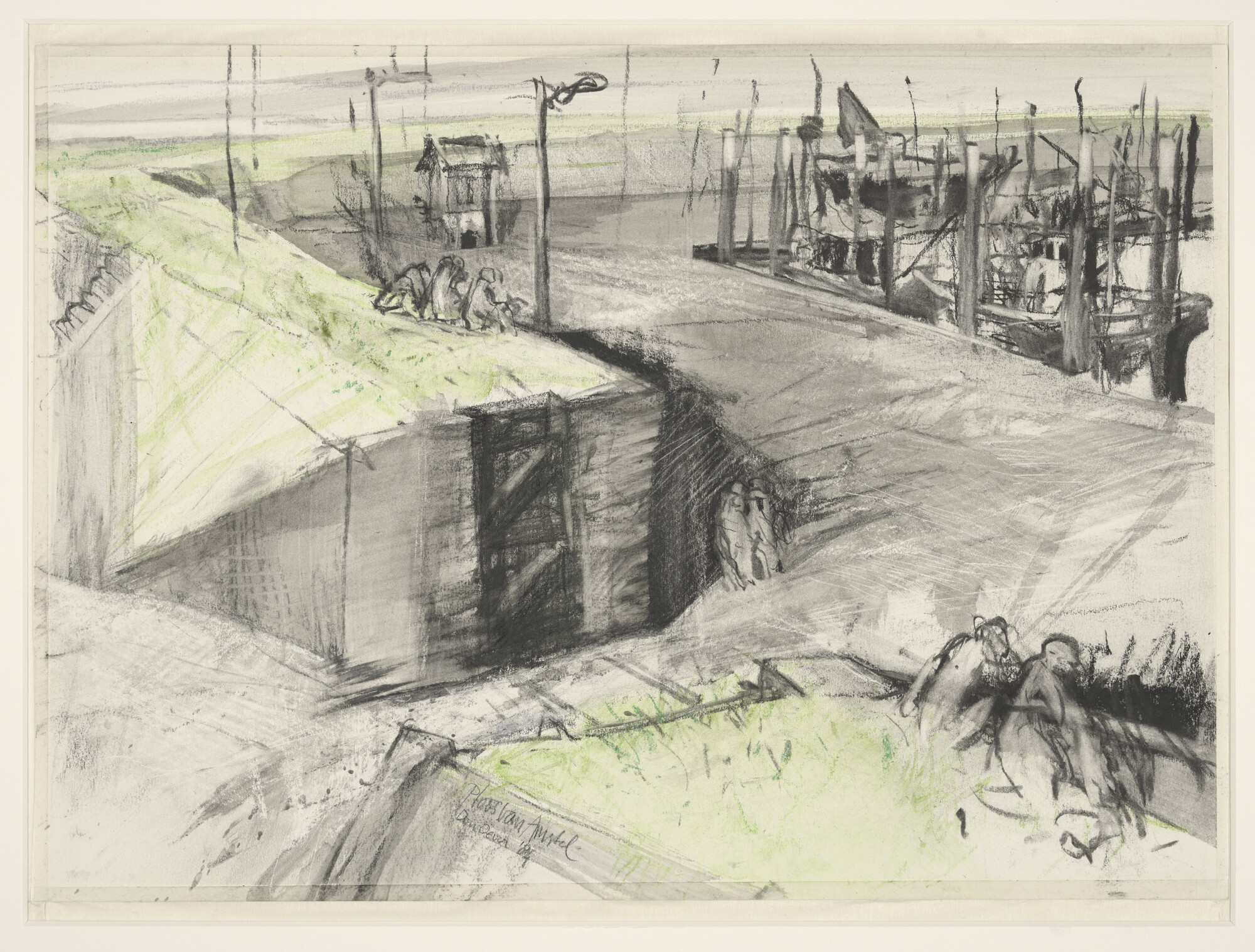A.5587; De haven van Den Oever, van de dijk afgezien; tekening