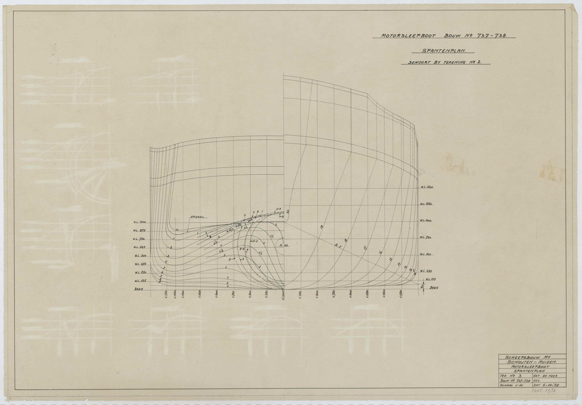 2005.1932; Spantenplan van een motorsleepboot; technische tekening