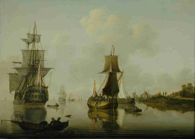 A.3253; Het fregatschip Triton met een spiegelpaviljoenjacht dat geboegseerd wordt; schilderij