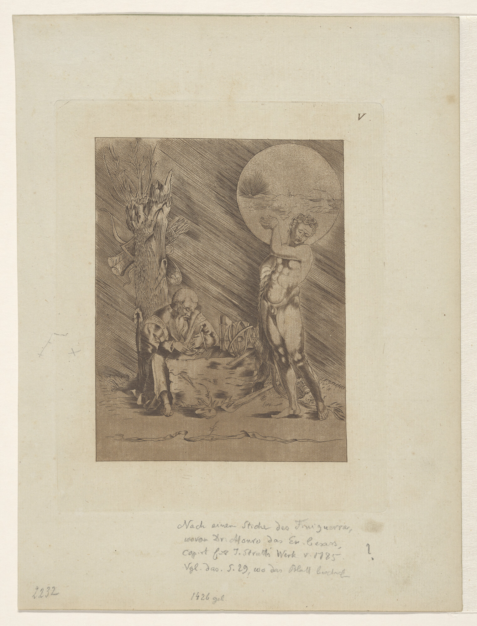 A.0075(193); Afbeelding van een geleerde, met rechts een naakte figuur; prent