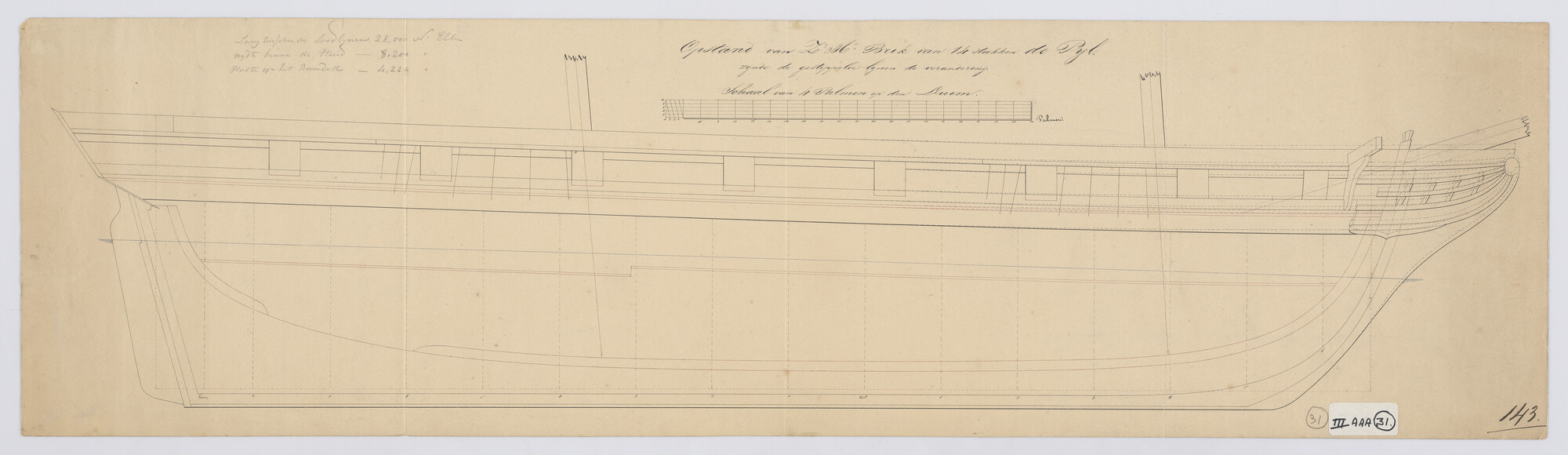 S.1214(0202); Zijaanzicht van de brik Zr.Ms. 'Pijl'; technische tekening