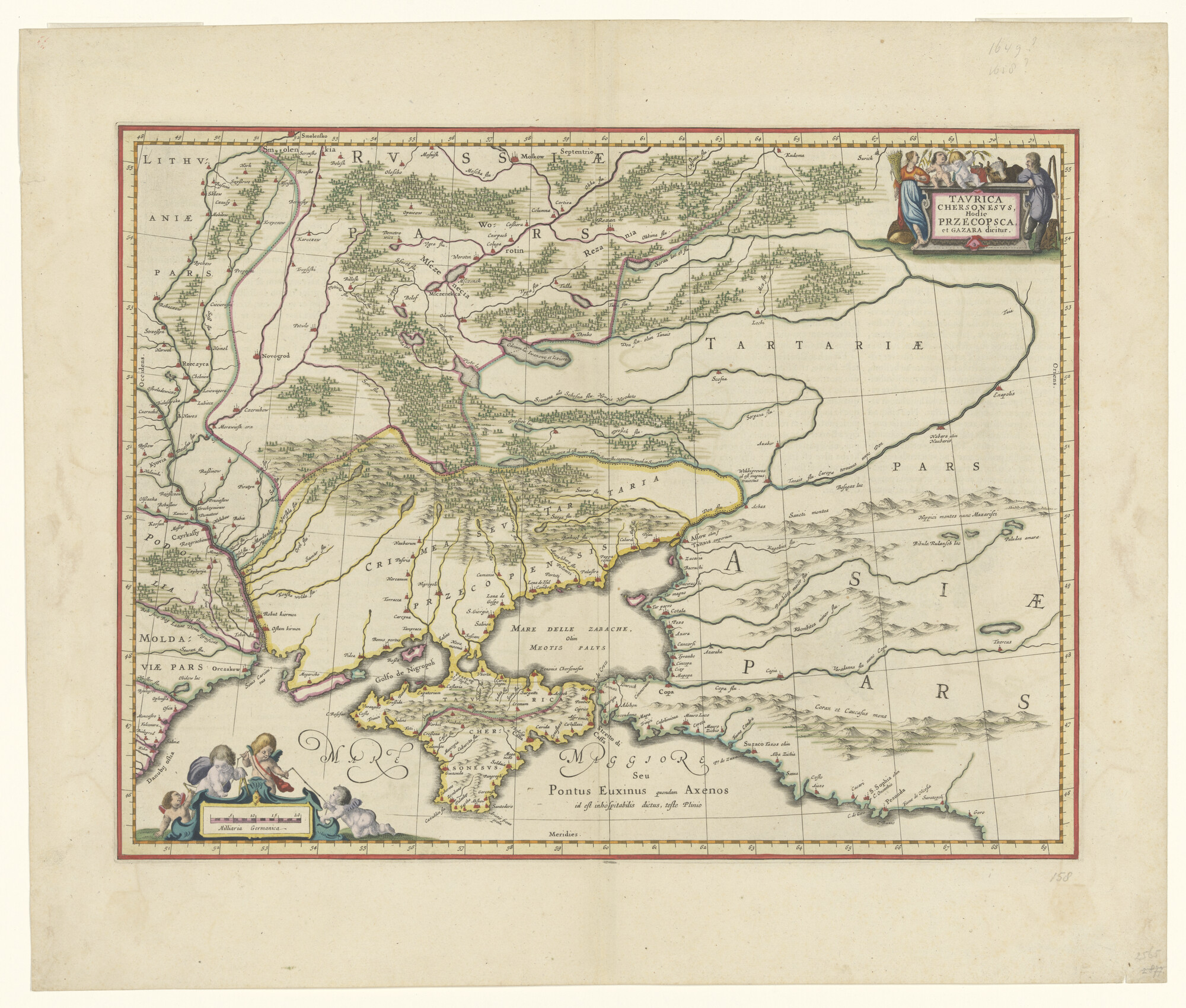 A.0145(211)048; Met de hand gekleurde kaart van Oost-Europa benoorden de Zwarte Zee door Johannes Janssonius (1588 - 1664) met Latijnse tekst; landkaart