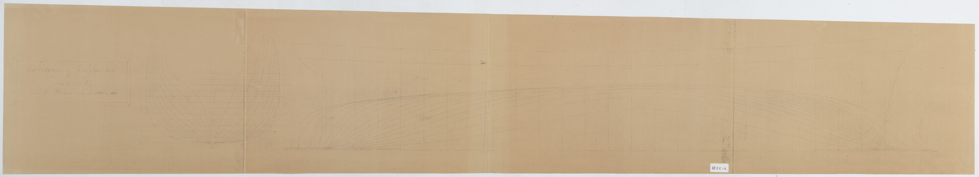 S.1587(2); Zijaanzicht, waterlijnen en spantenraam van het klipperschip Noach II; technische tekening