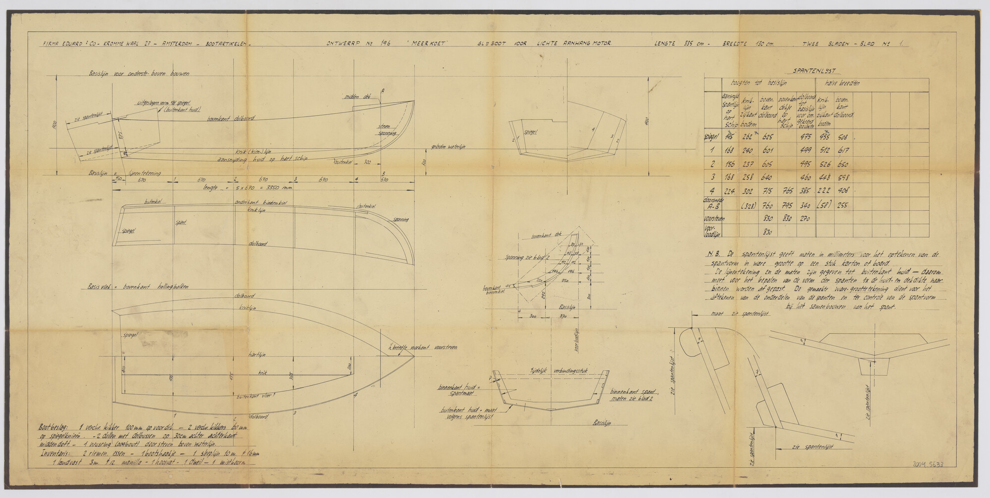 2004.5633; Lijnenplan van een open bootje met buitenboordmotor Meerkoet; technische tekening