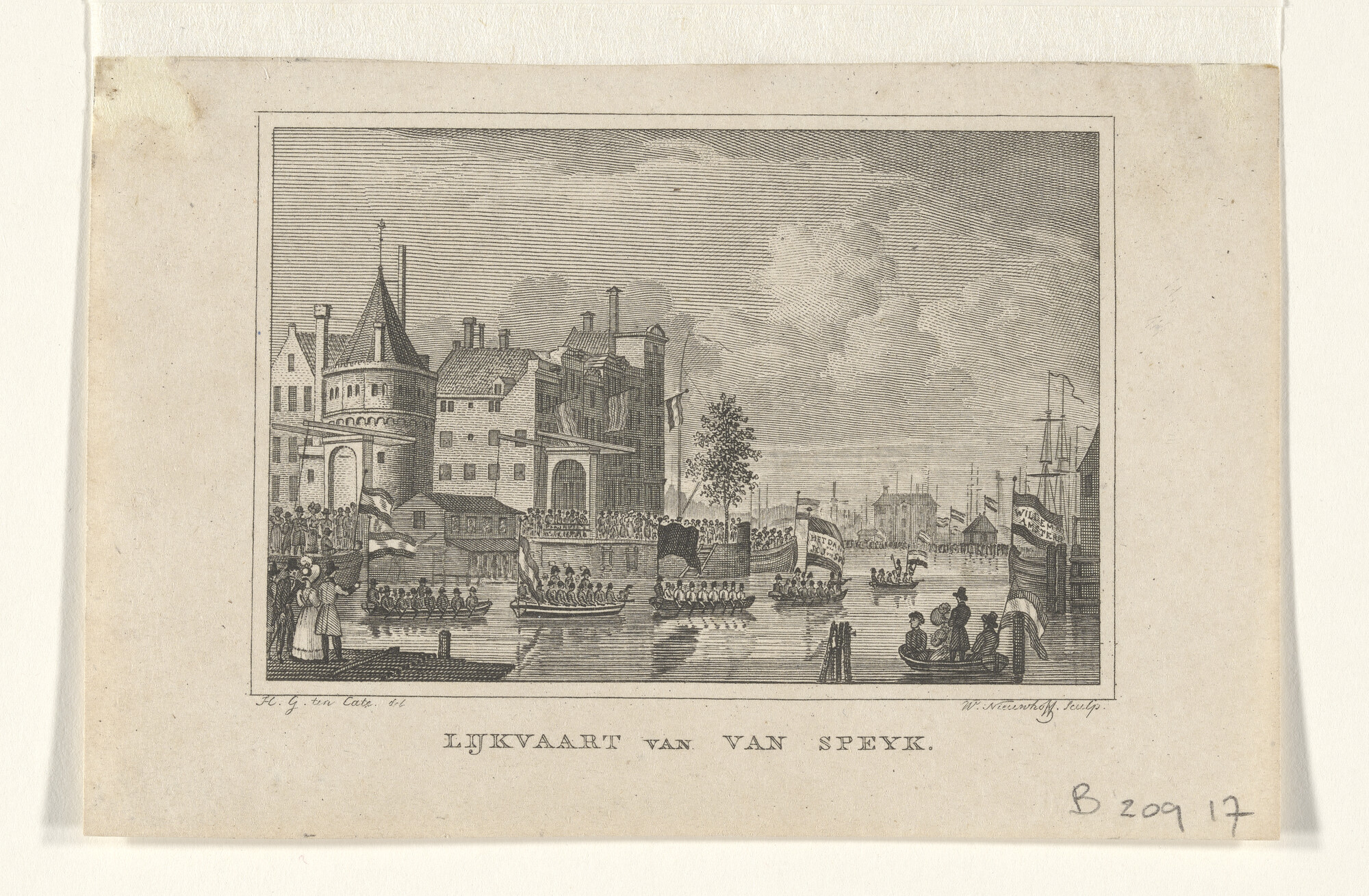 B.0209(17)22 1; Plechtige lijkvaart van Van Speyk met links gezicht op de Schreierstoren; prent