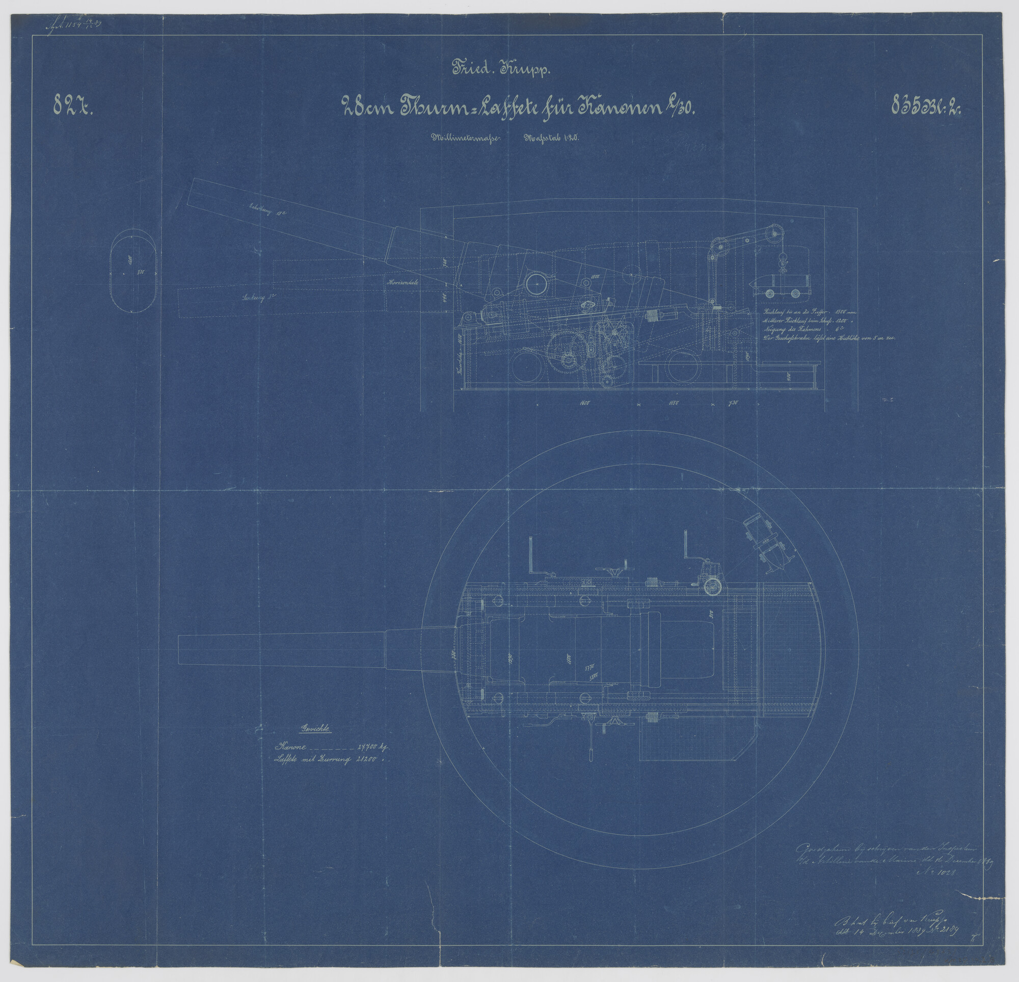 S.2175(4363); Geschuttoren met 28cm kanon van de monitor Zr.Ms. 'Haai'.; technische tekening