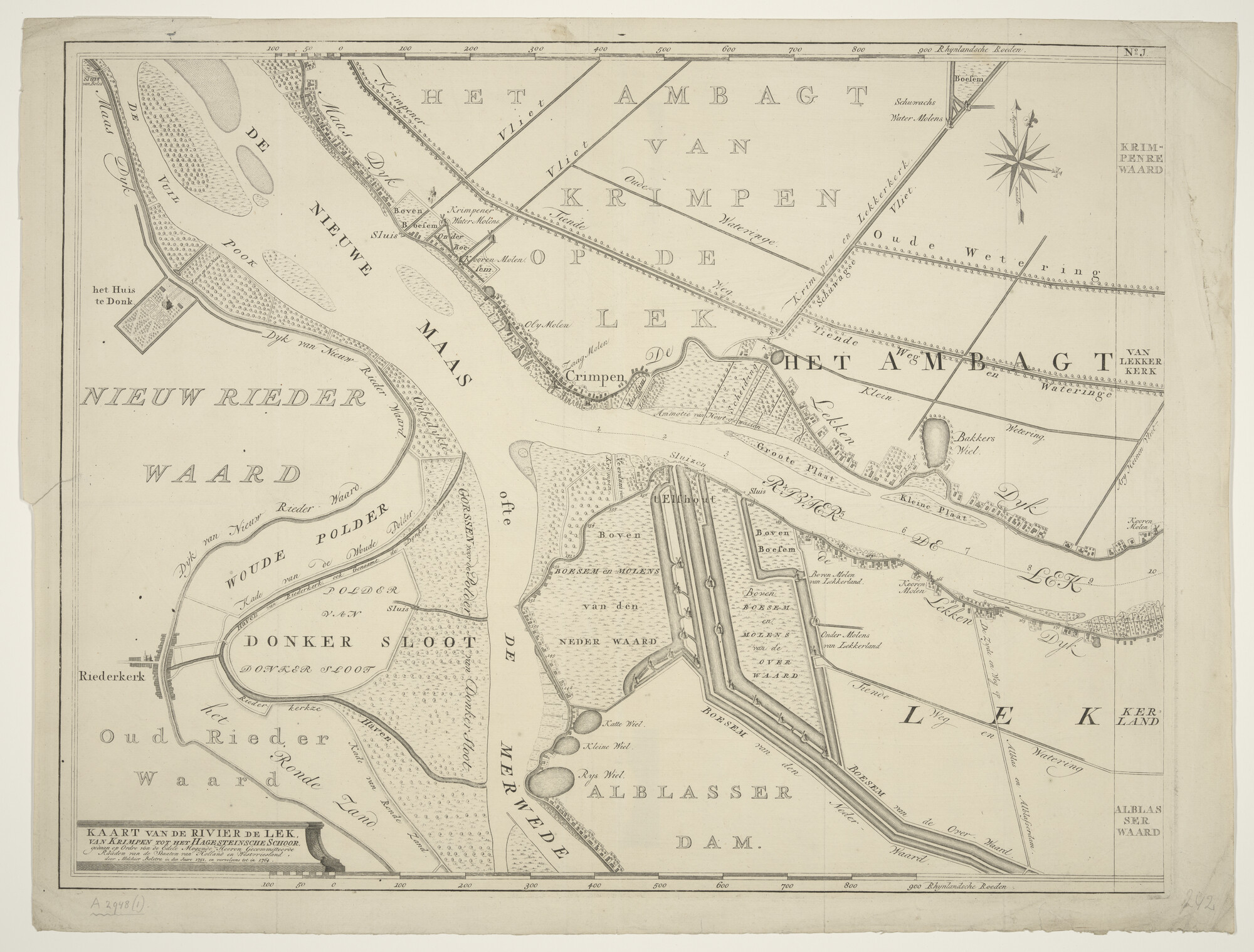 A.2948(01)a; Kaart in zeven bladen van de rivier de Lek van Krimpen tot het Hagesteinse Schoor; rivierkaart