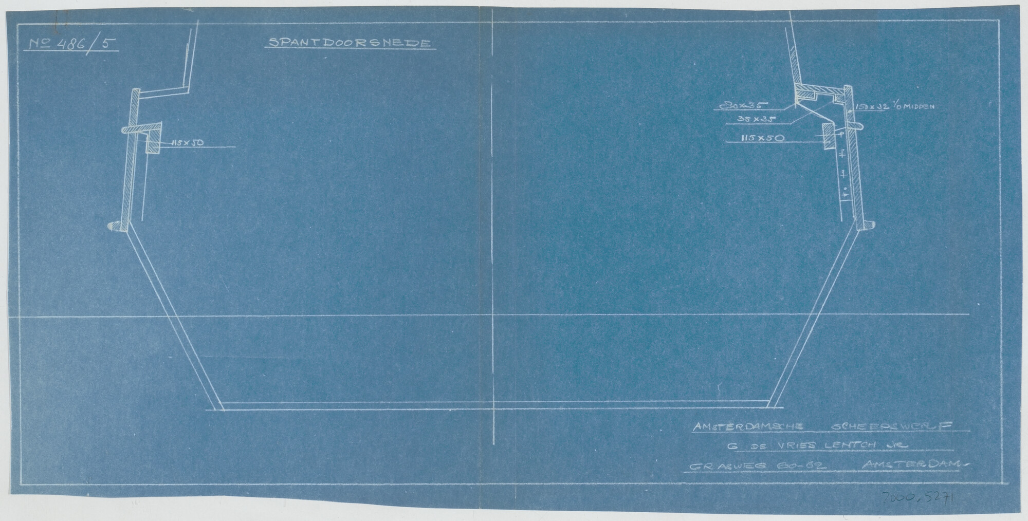 2000.5271; Grootspant van het grundeljacht 'Zomerland'; technische tekening