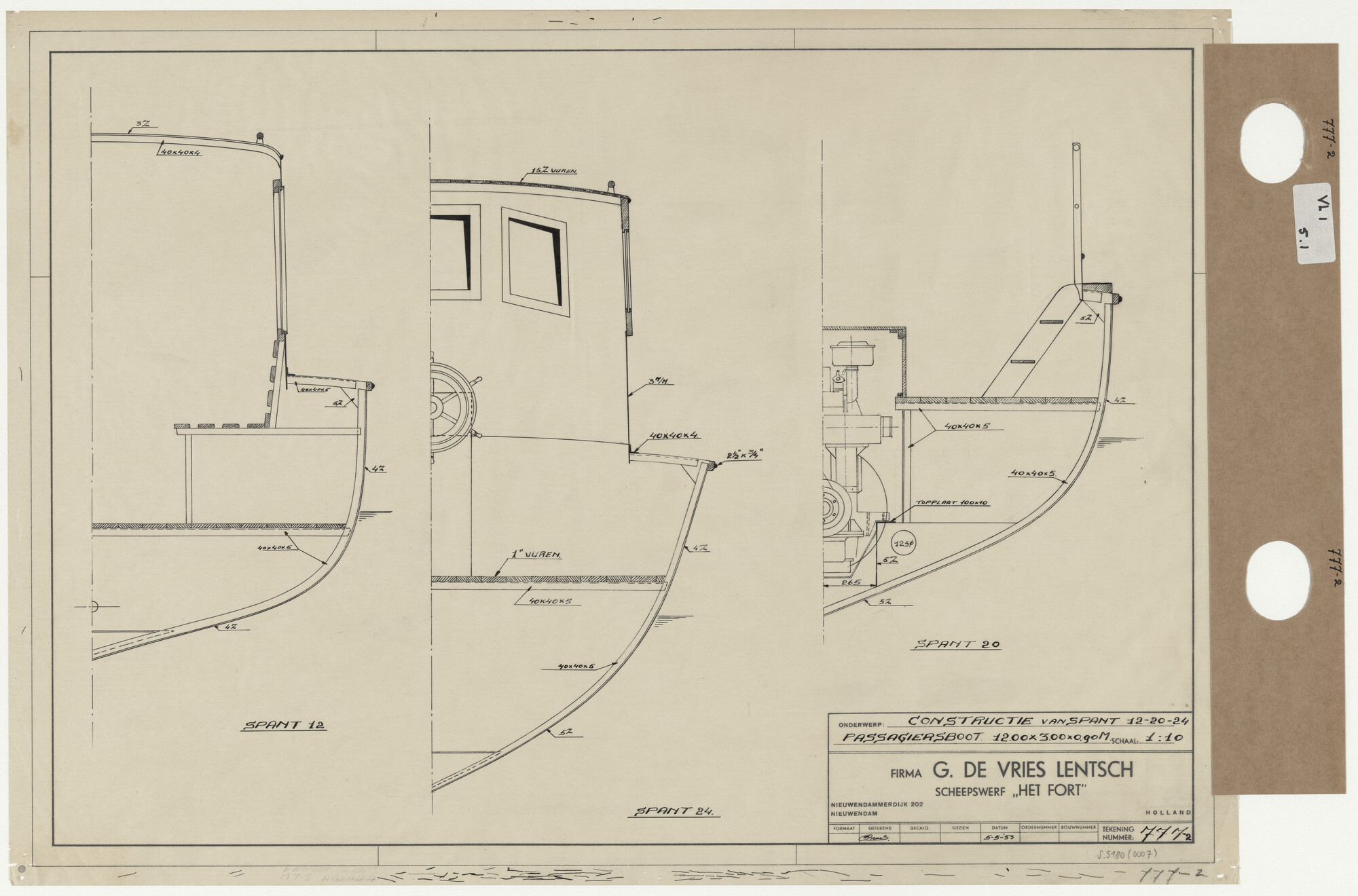 S.5180(0007); Constructieplan van een passagiersboot; technische tekening