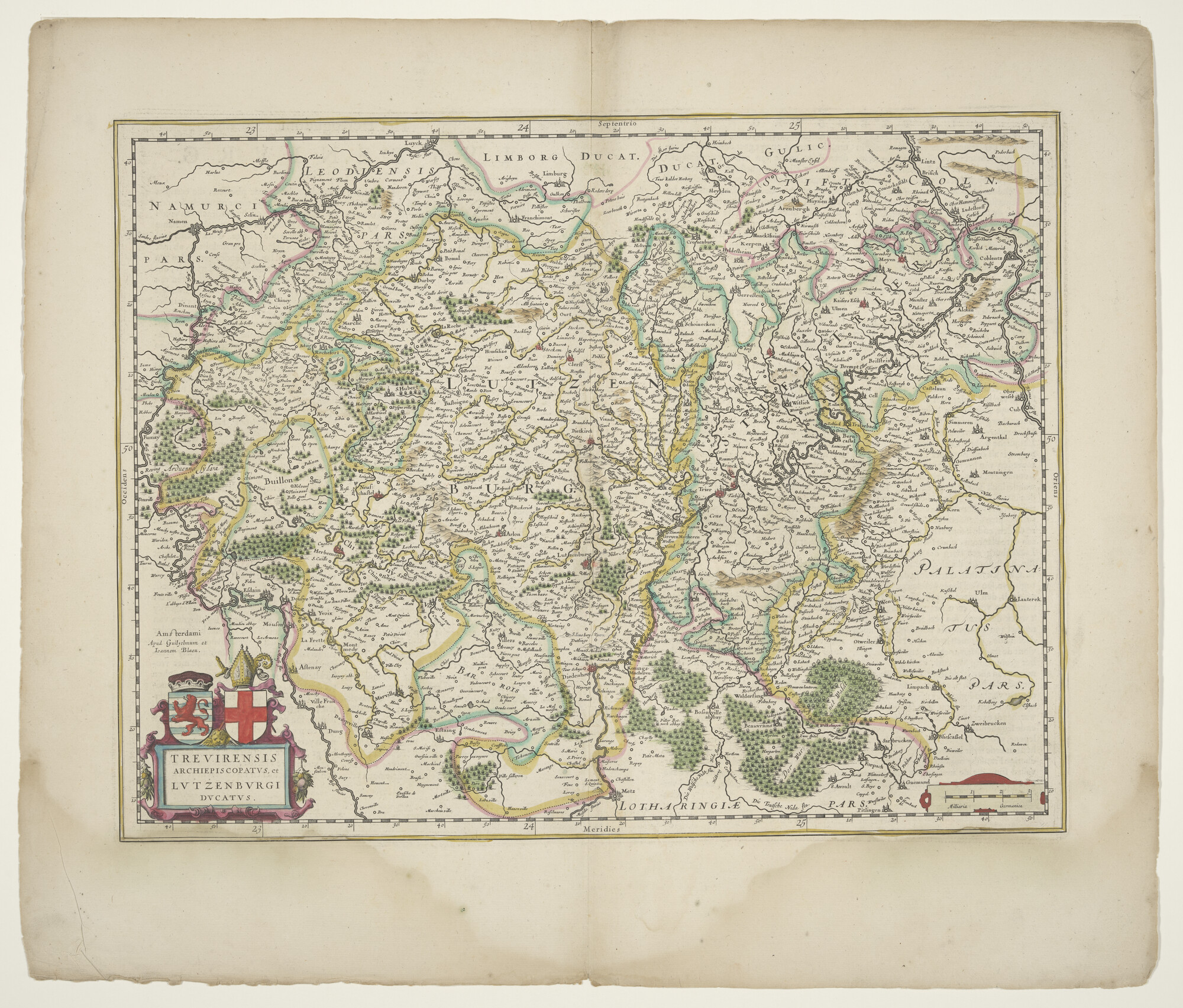 B.0216(0276); Met de hand gekleurde kaart van het groothertogdom Luxemburg, door Willem & Joan Blaeu; landkaart