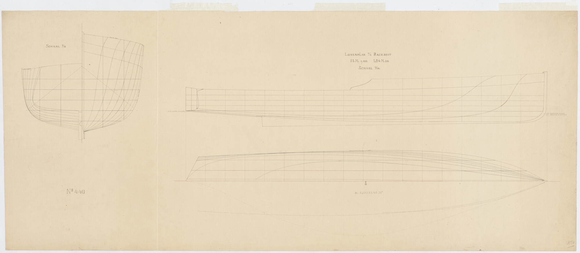 2012.0535; Lijnenplan van een raceboot van 11 meter; technische tekening
