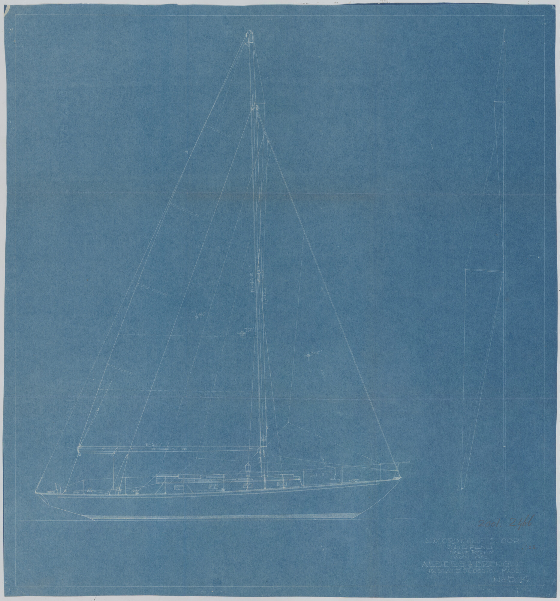 2001.2466; Zeilplan van een 1 mast zeiljacht (aux cruising sloop); technische tekening