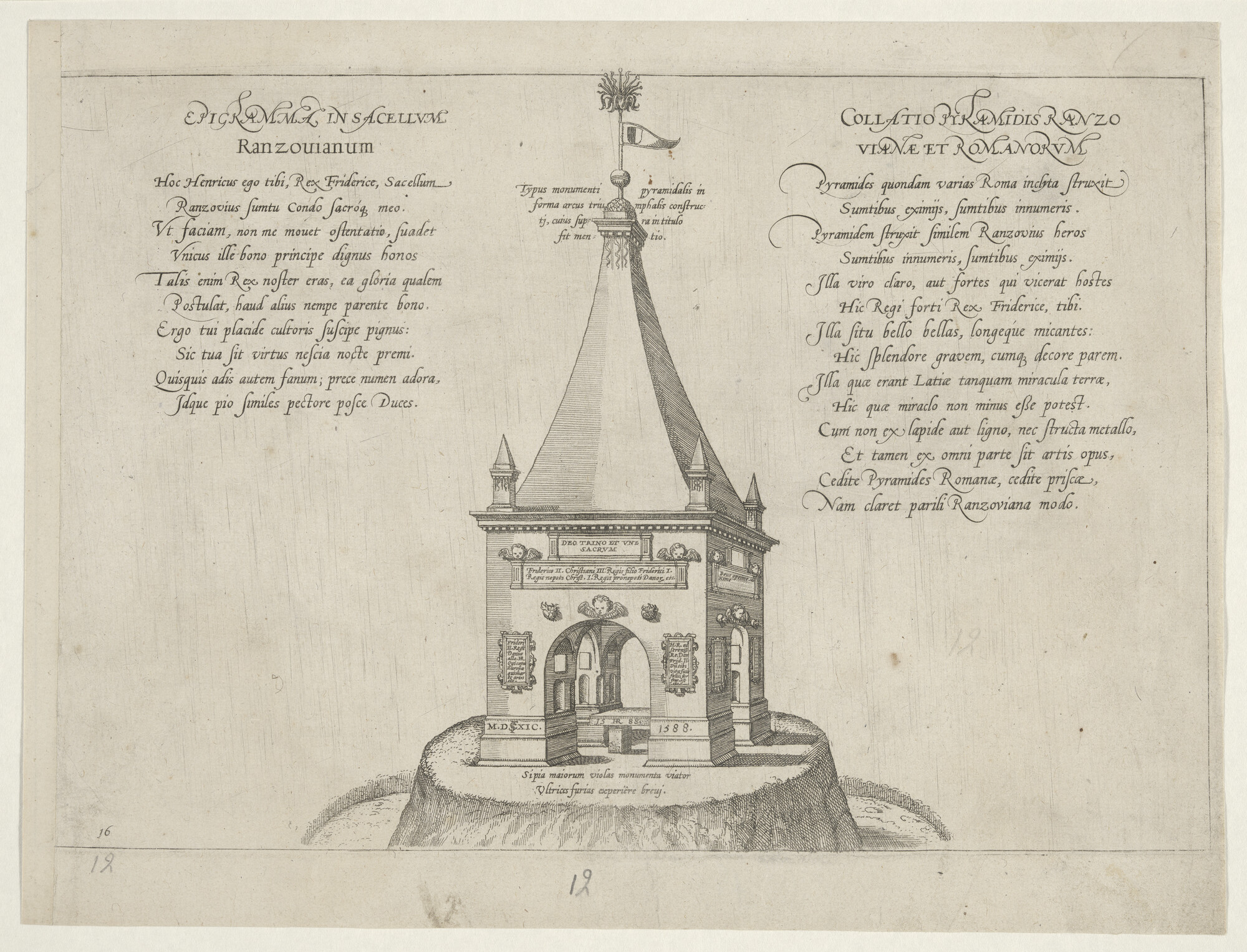 A.0145(027)383; Afbeelding van de triomfboog met piramidale bekroning te Segeberg; prent