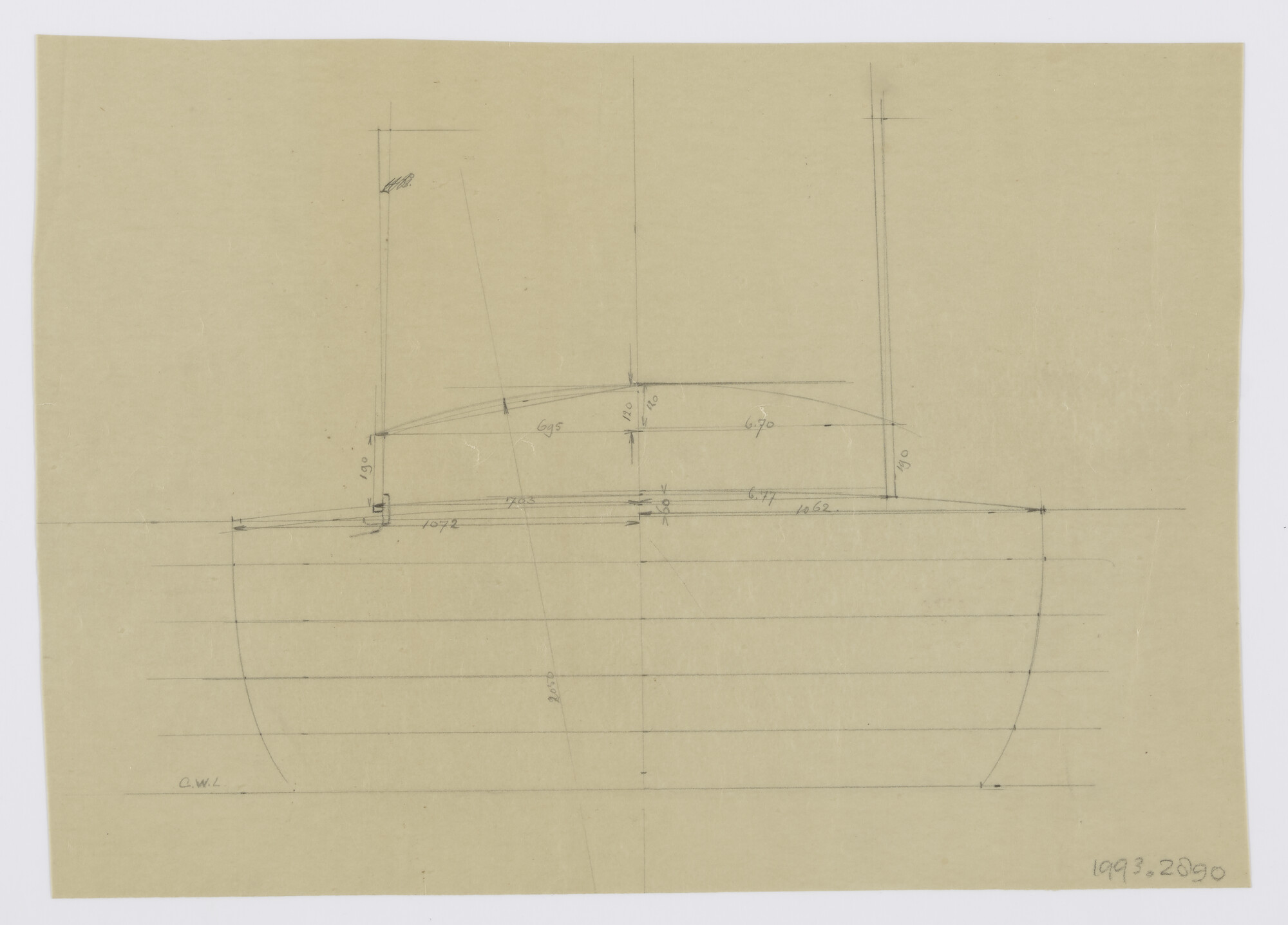 1993.2890; Dwarsdoorsnede platgatzeiljacht 8.10 meter; technische tekening