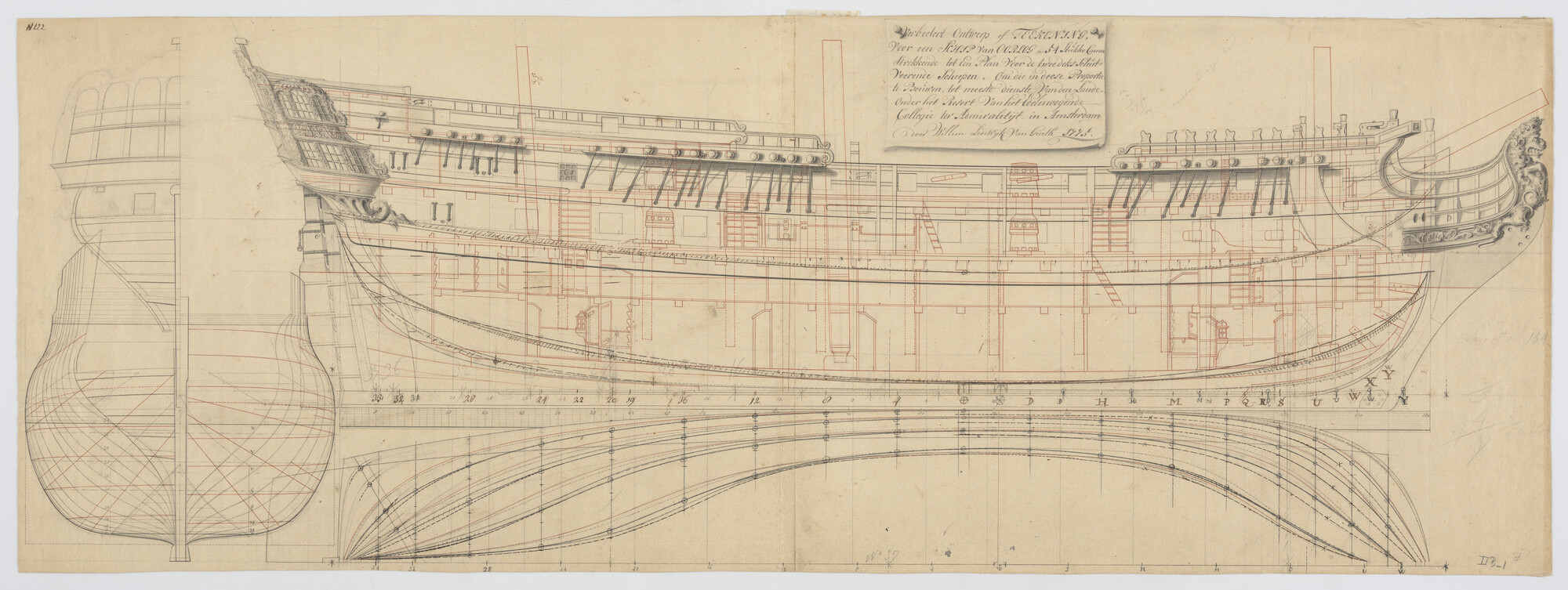 A.0149(0892); Lijnenplan van een schip van 54 stukken; technische tekening