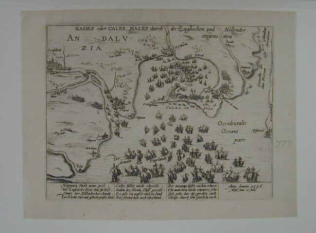 A.0145(027)090; Beleg van Cadiz door de Engelsen en de Hollanders in 1596; prent