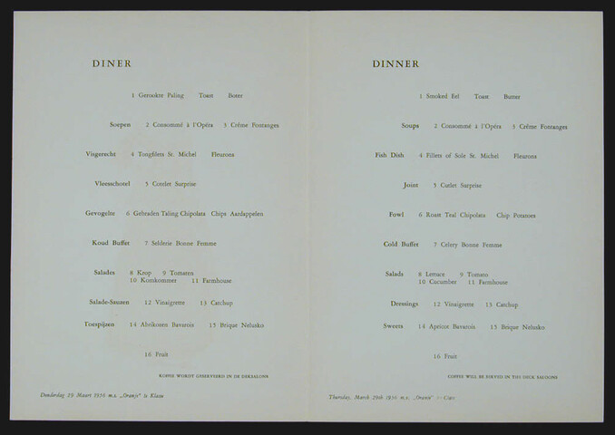 1994.6732; Menukaart voor een diner a/b ms. 'Oranje' van de SMN, 29 maart 1956; menukaart