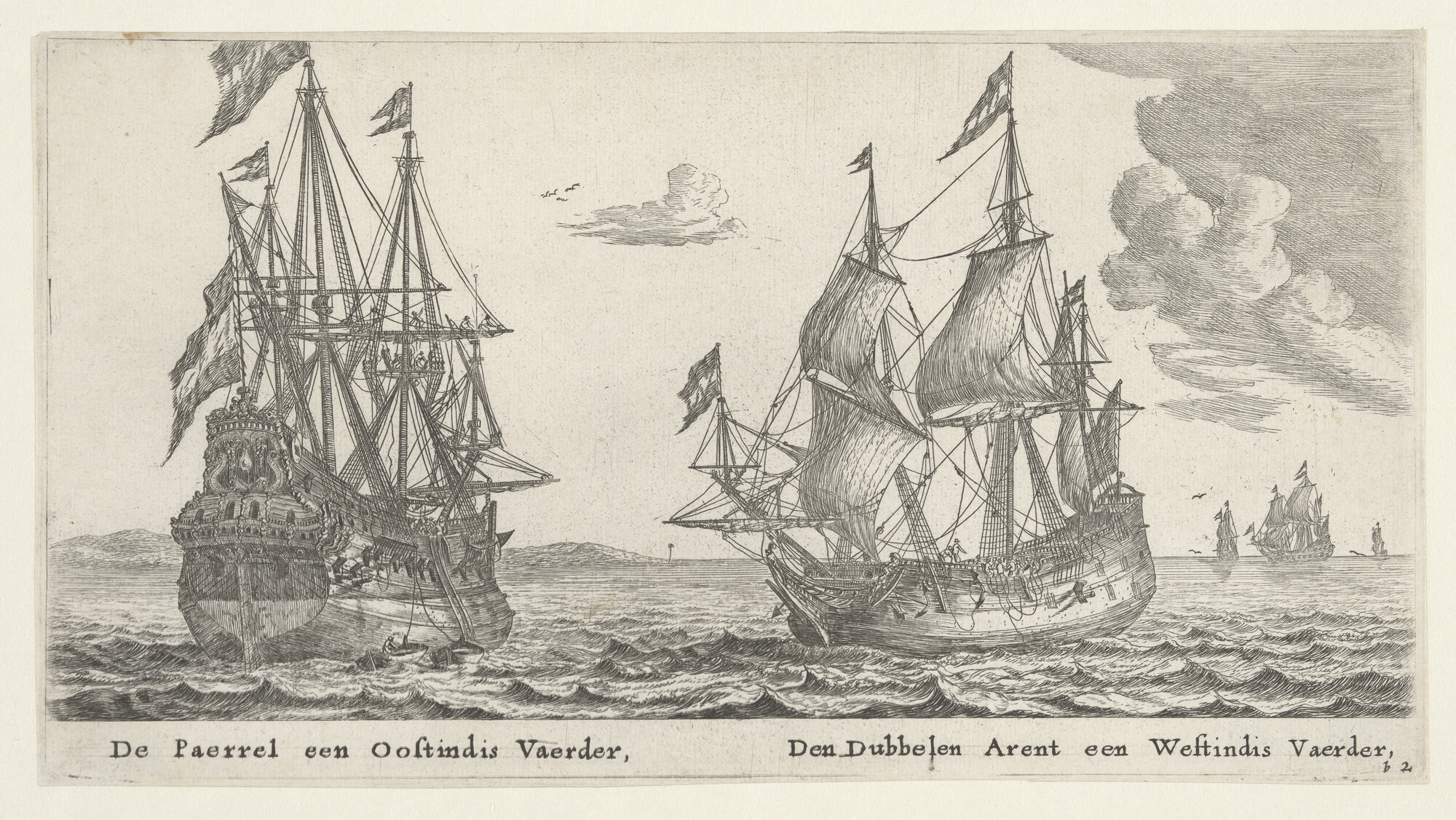 A.0149(0277); Het retourschip 'Parel' en de Westindiëvaarder 'Dubbele Arend'; prent