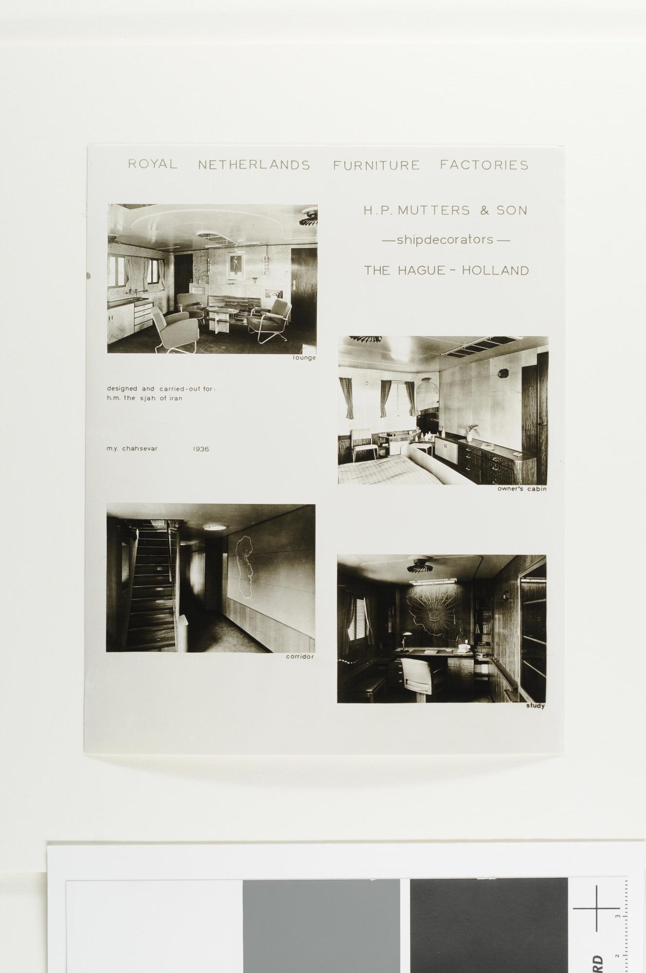 A.5023(02); Reproductiefoto's van het motorjacht van de Sjah van Perzië 'Shahsevar' en het scheepsinterieur ontworpen door H.P. Mutters & Zn; fotoreportage
