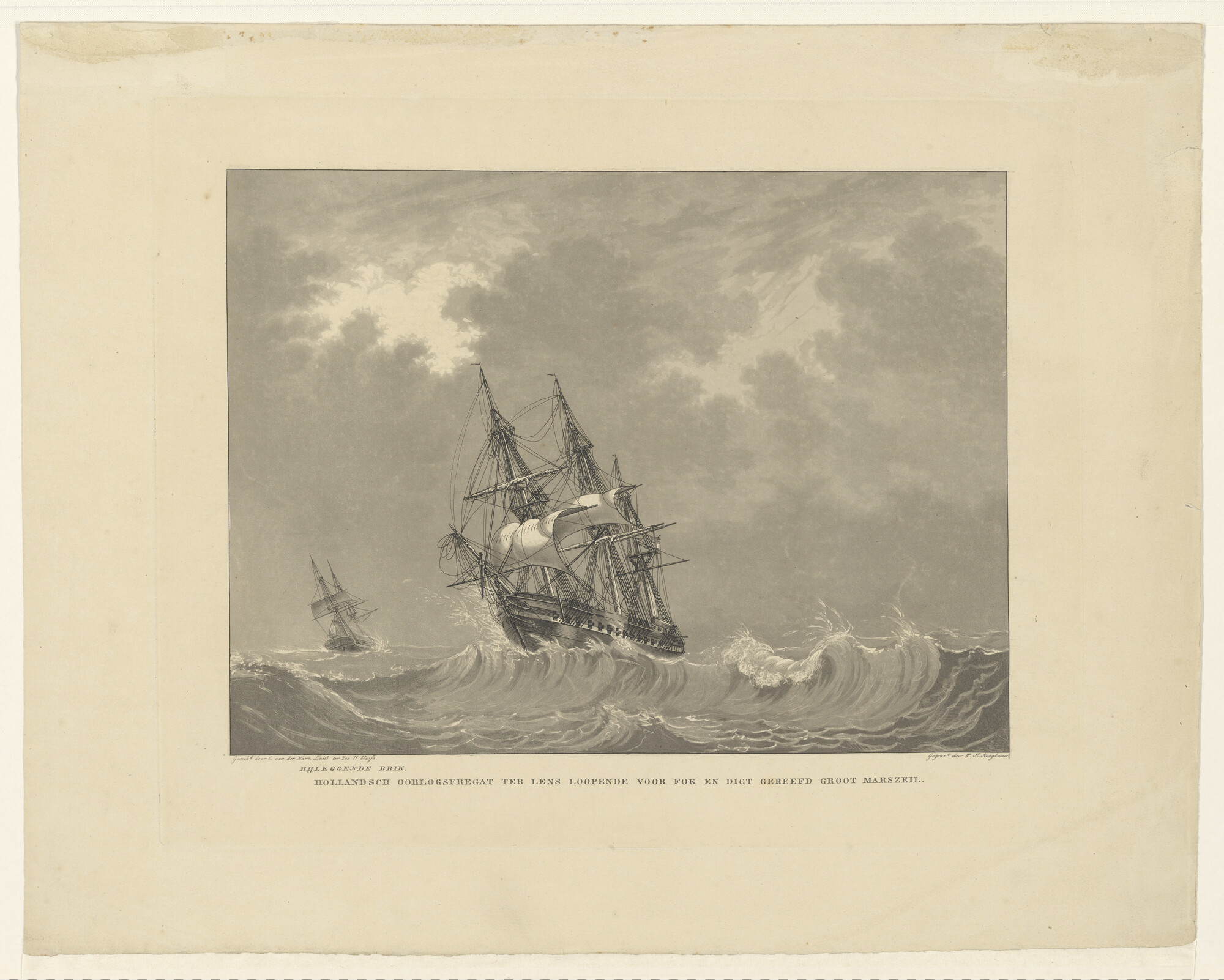 A.0149(0704); Een lenzend Nederlands oorlogsfregat in ruwe zee; prent