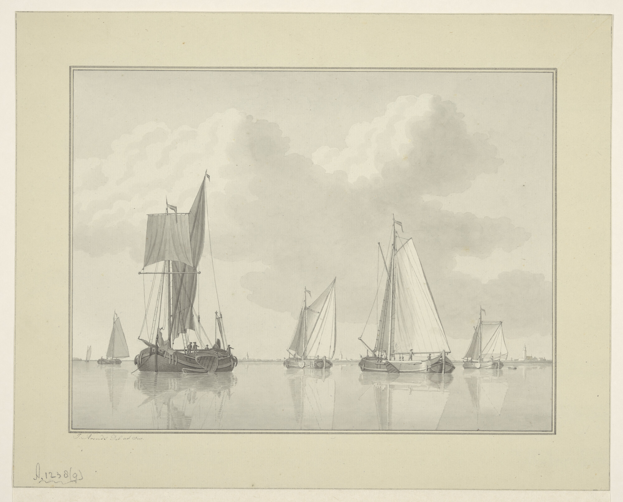 A.1238(09); Riviergezicht met binnenschepen; tekening