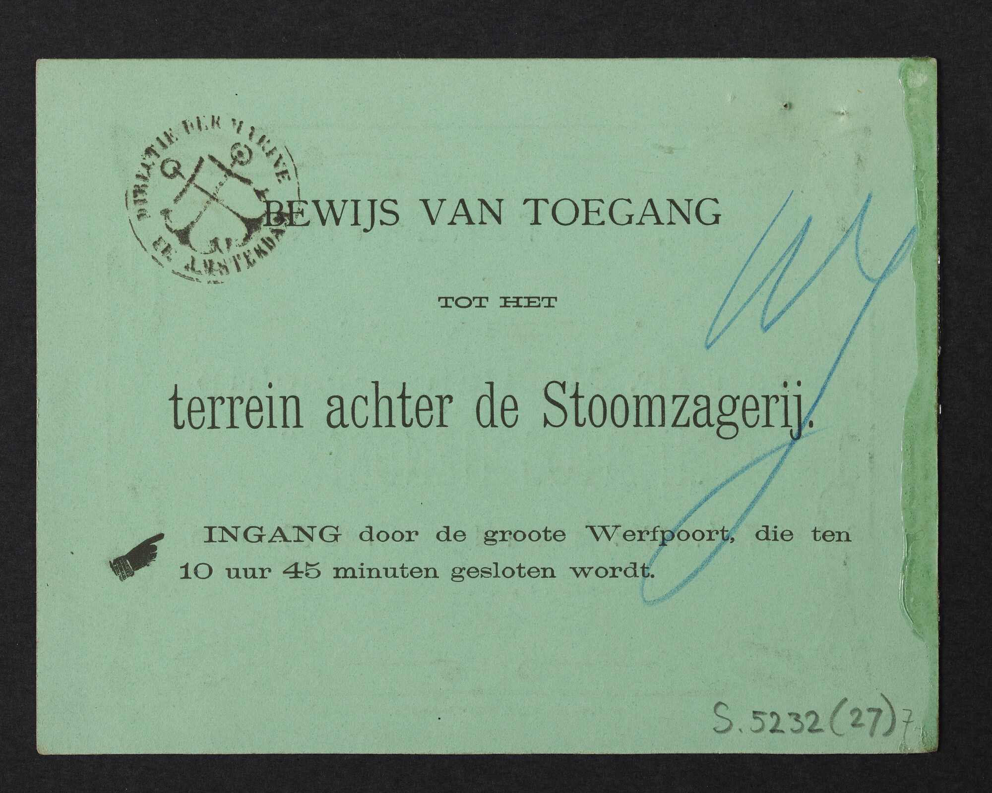 S.5232(27)7; Toegangsbewijs tot de tewaterlating van pantserschip Hr.Ms. Hertog Hendrik; toegangsbewijs