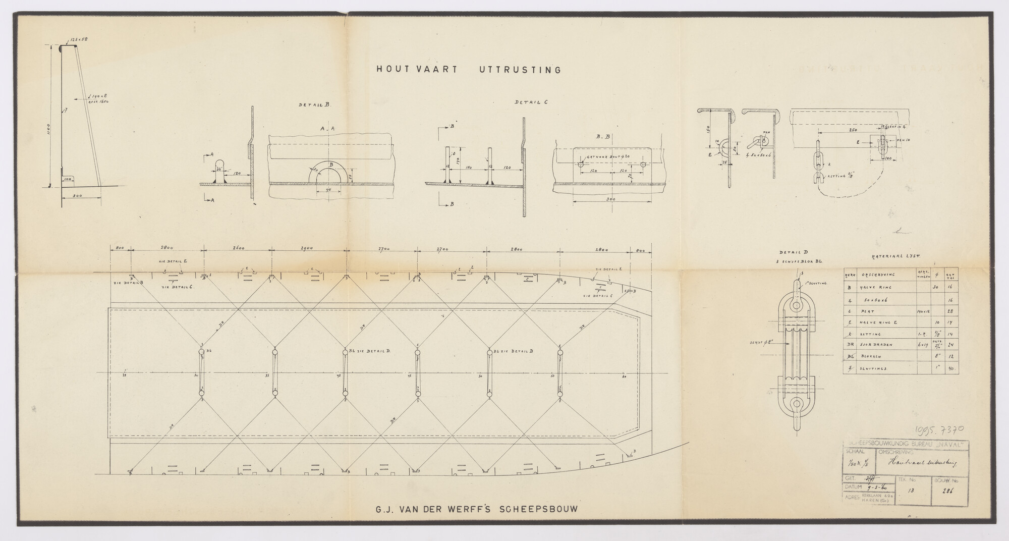 1995.7370; Plan van de houtvaartuitrusting van de coaster ms. 'Betty Jean' van Van Stolk's Koninklijke Commissie Handel [...]; technische tekening