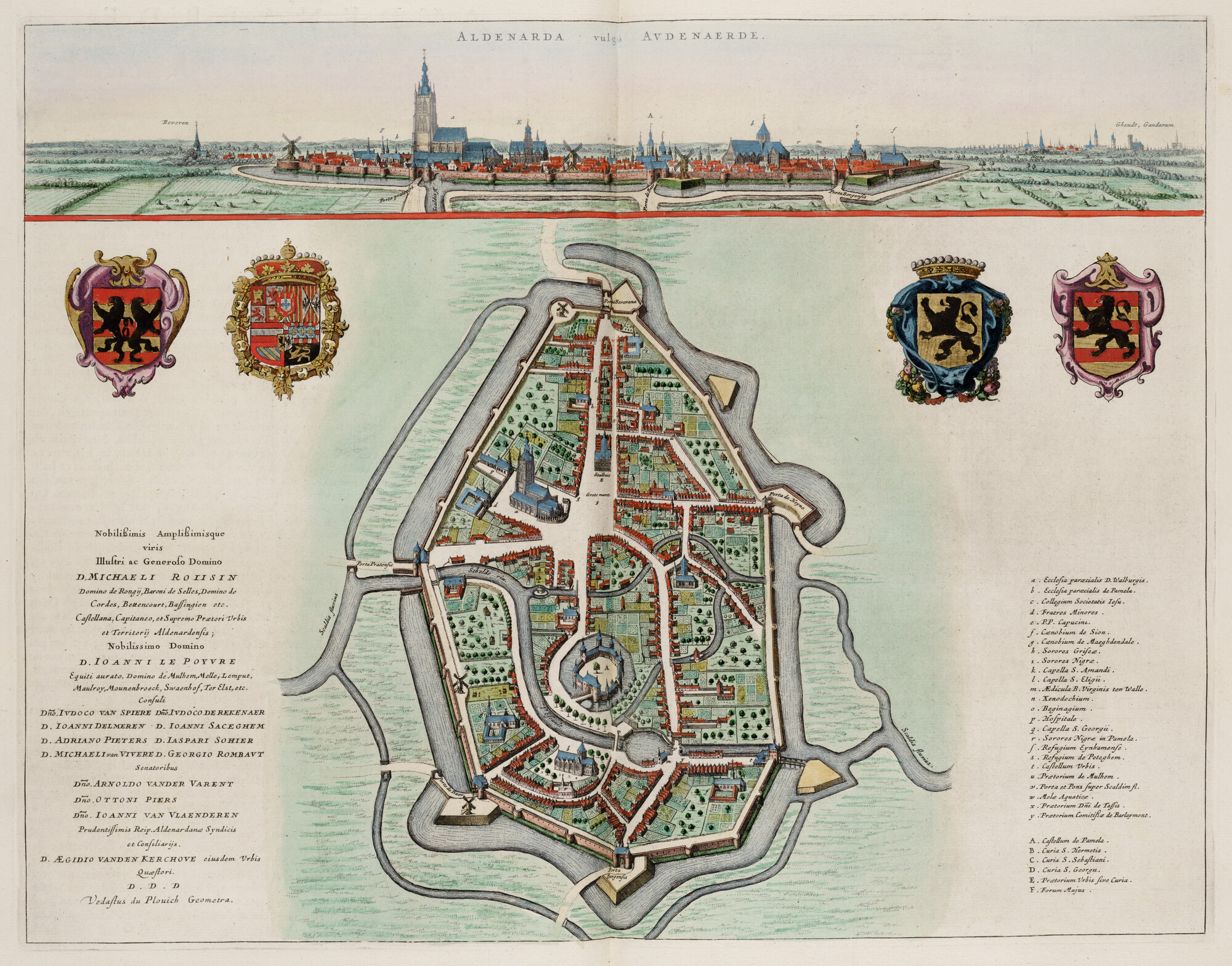 S.1034(16) [kaart 036]; Gezicht op en plattegrond van Oudenaarde; prent