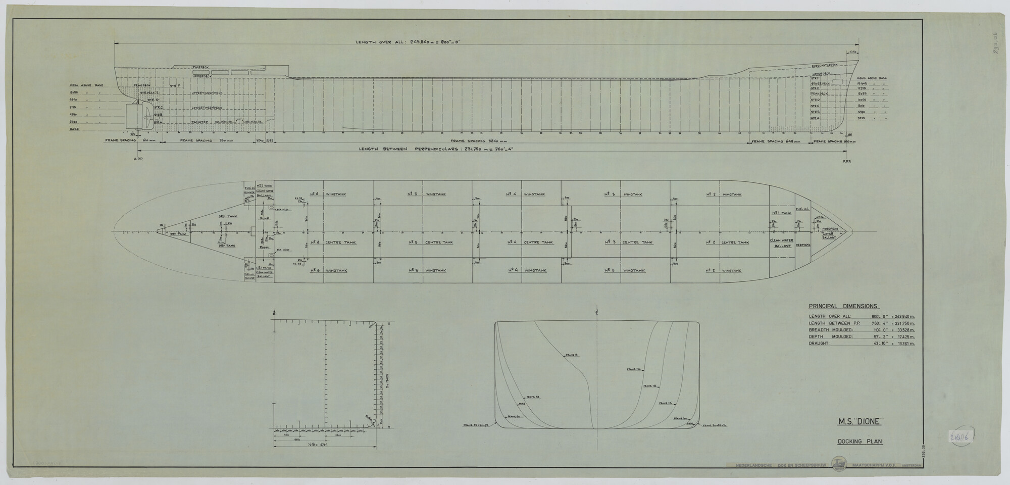 S.5183(006); Dokplan van de tanker ts. 'Dione' voor Shell Tankers NV.; technische tekening
