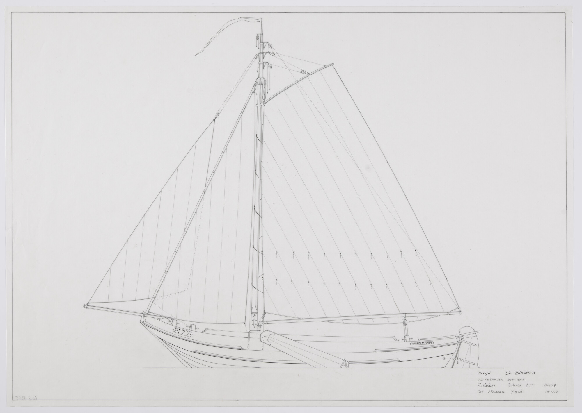2012.1355; Zeilplan van de hengst 'D'n Bruinen' van 12.80 meter; technische tekening